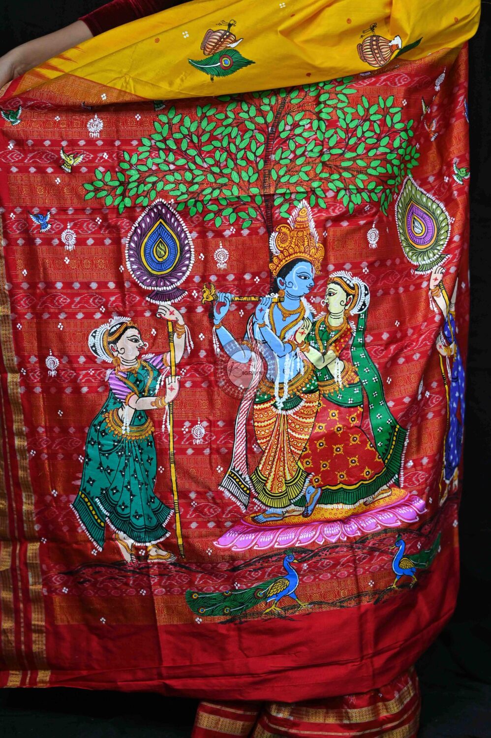 Yellow Red Radha Krishna Theme Pattachitra Silk Saree