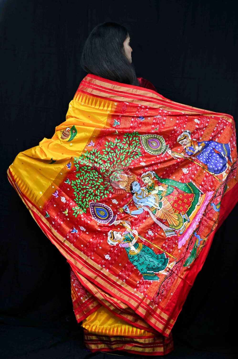 Yellow Red Radha Krishna Theme Pattachitra Silk Saree