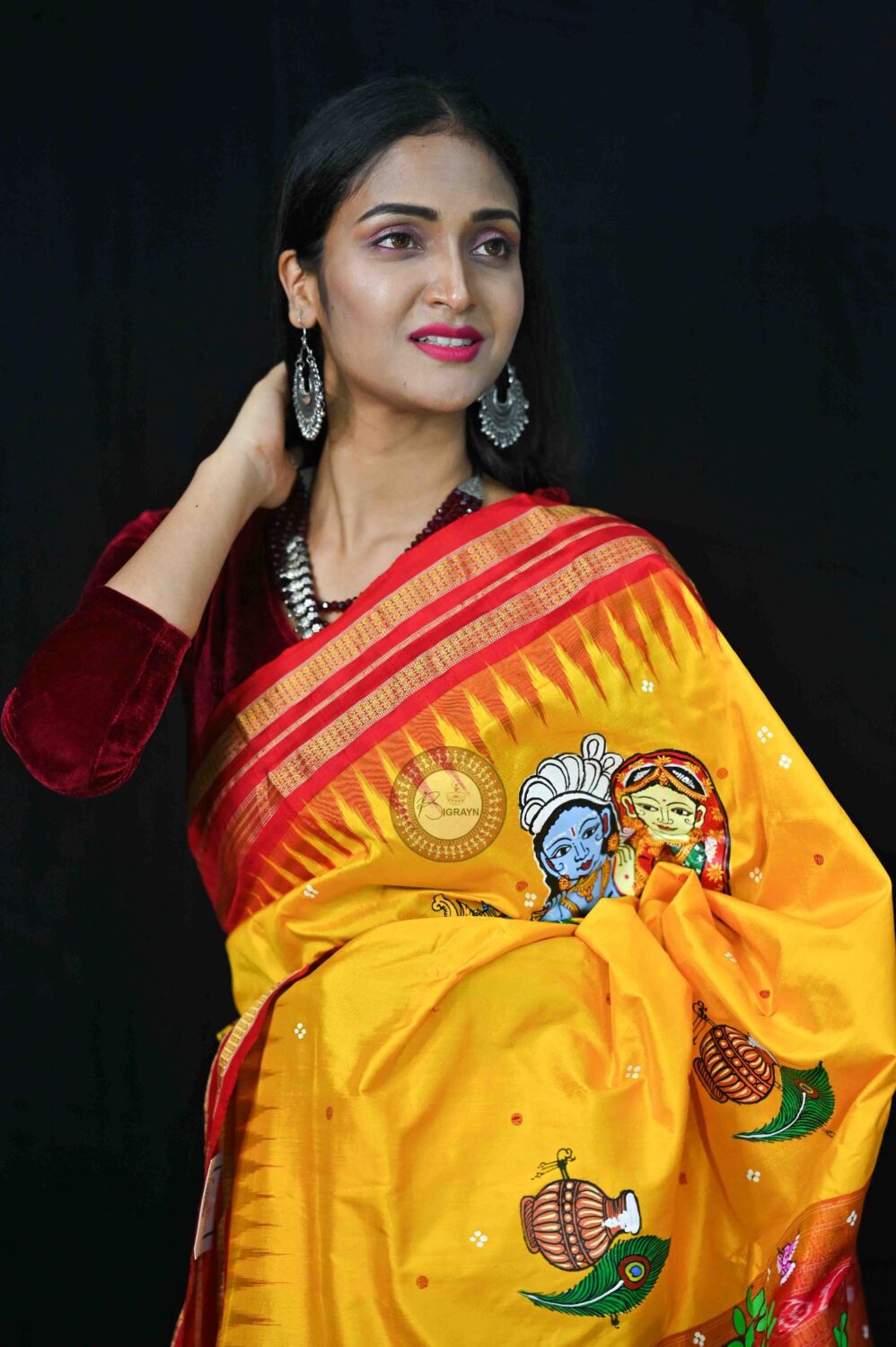 Yellow Red Radha Krishna Theme Pattachitra Silk Saree