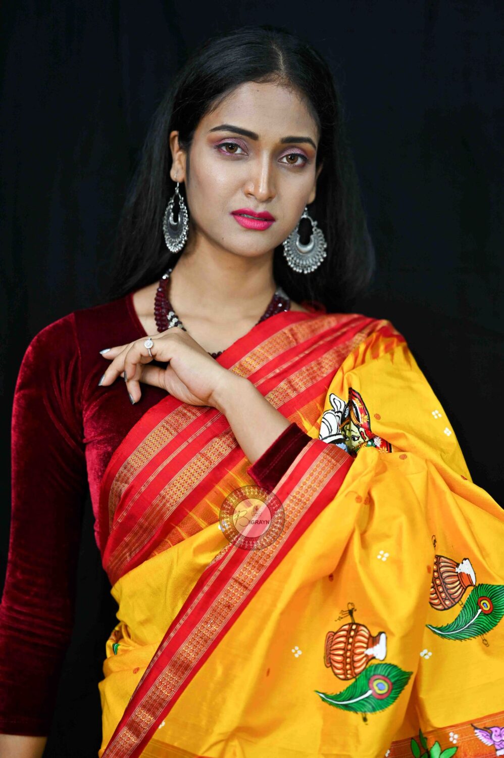 Yellow Red Radha Krishna Theme Pattachitra Silk Saree