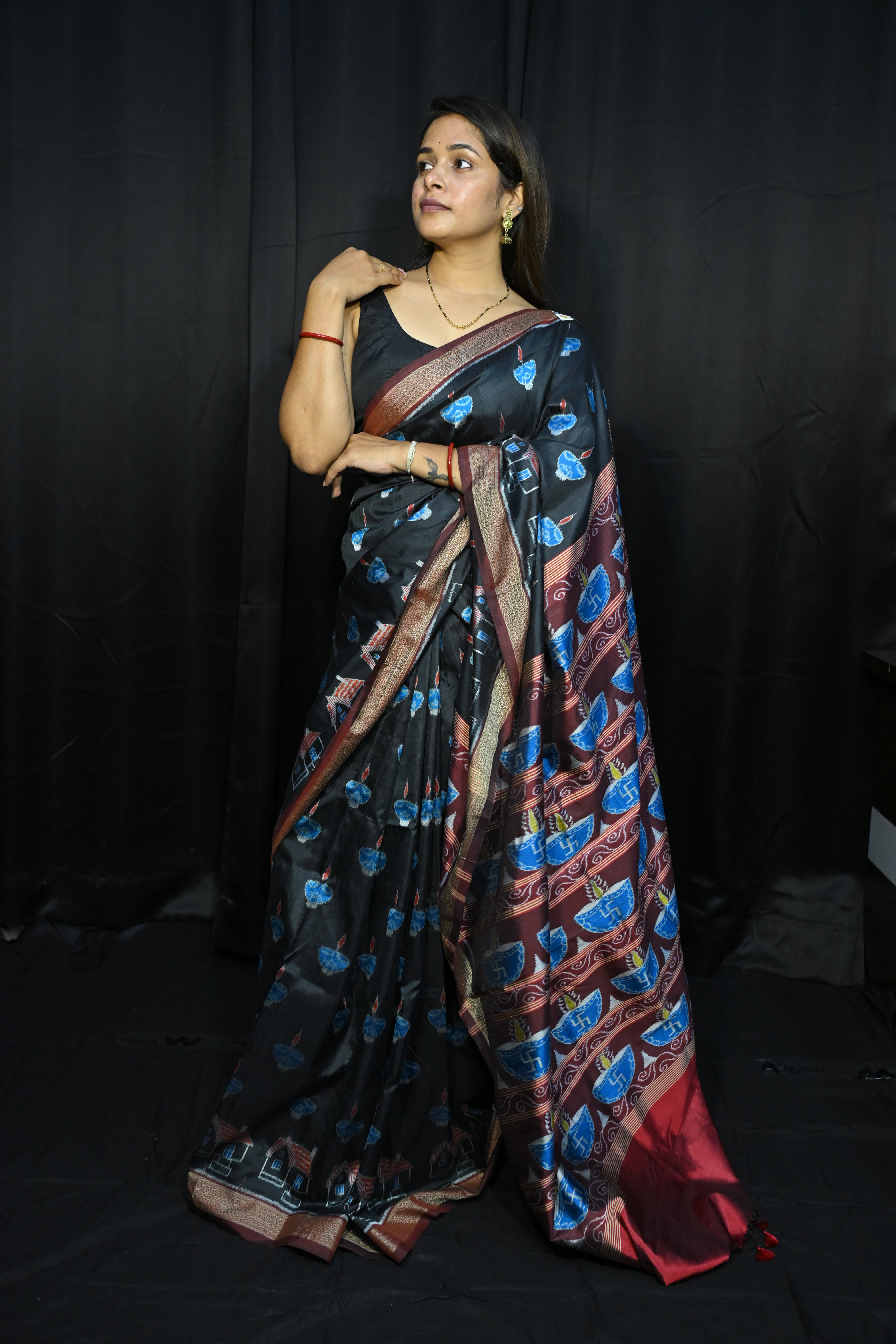 Black Maroon Diwali Design Mulberry Silk Saree