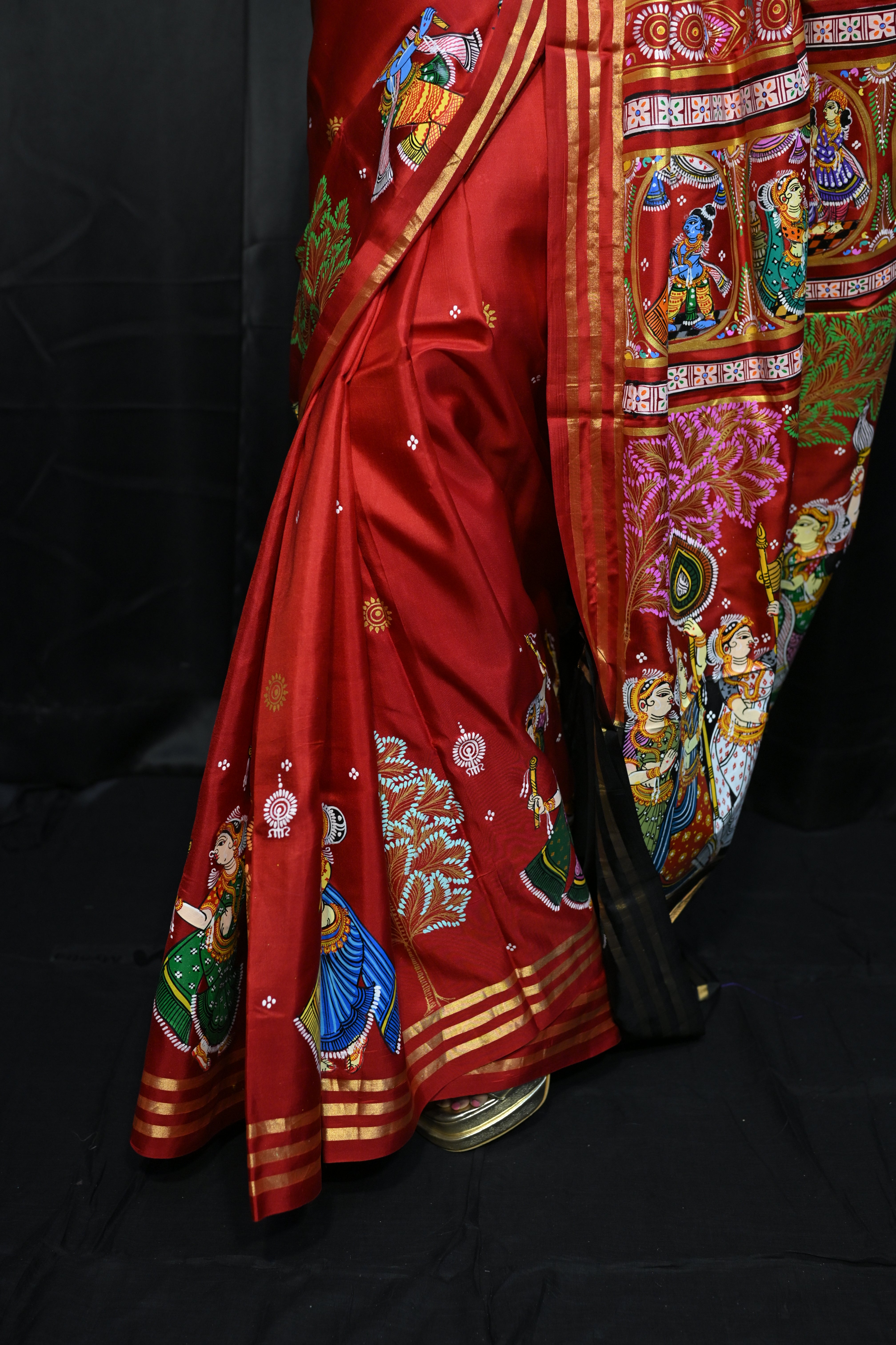 Red Black Radha Krishna Rasa Theme Pattachitra Kanjeeveram Silk Saree