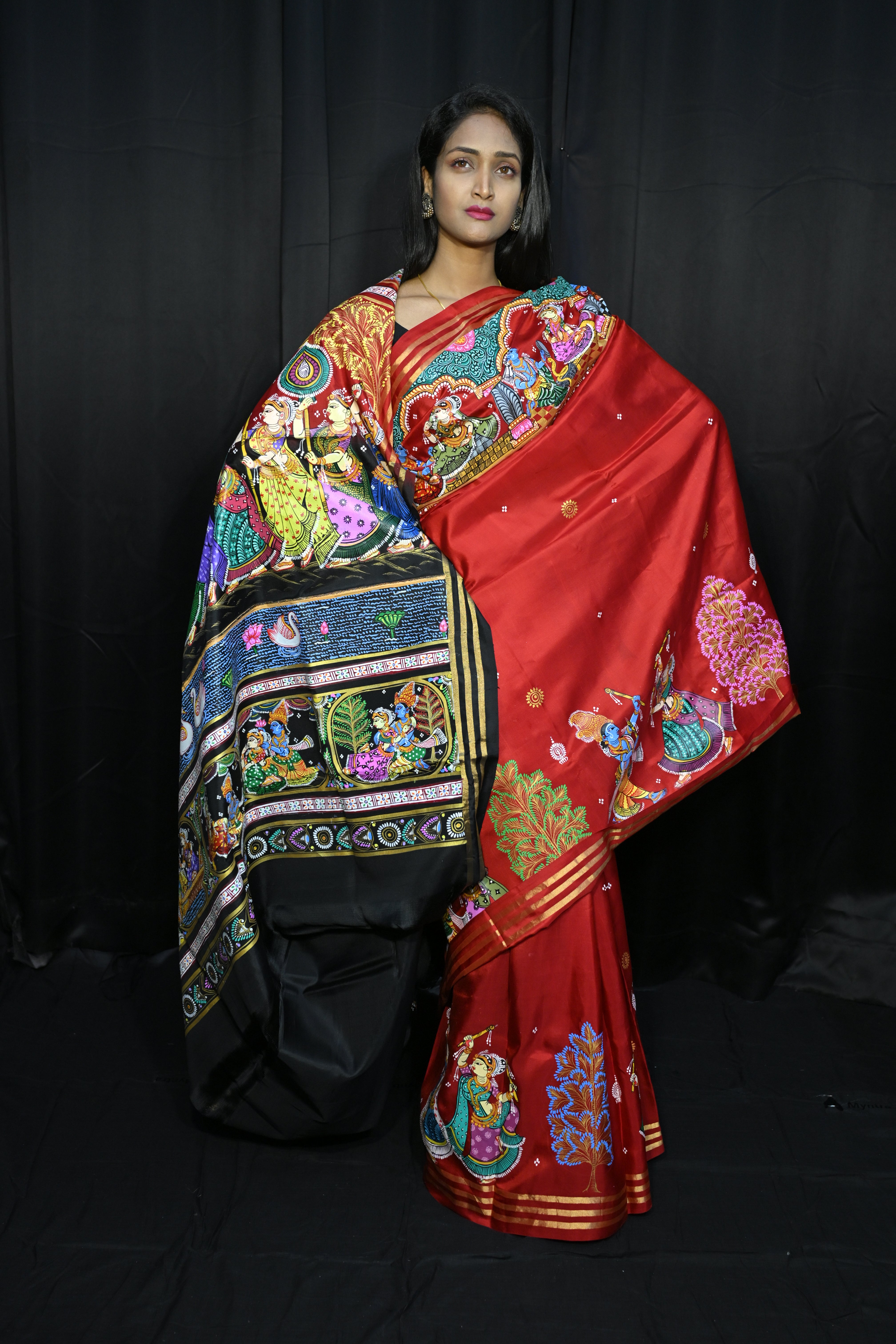 Red Black Radha Krishna Rasa Theme Pattachitra Kanjeeveram Silk Saree