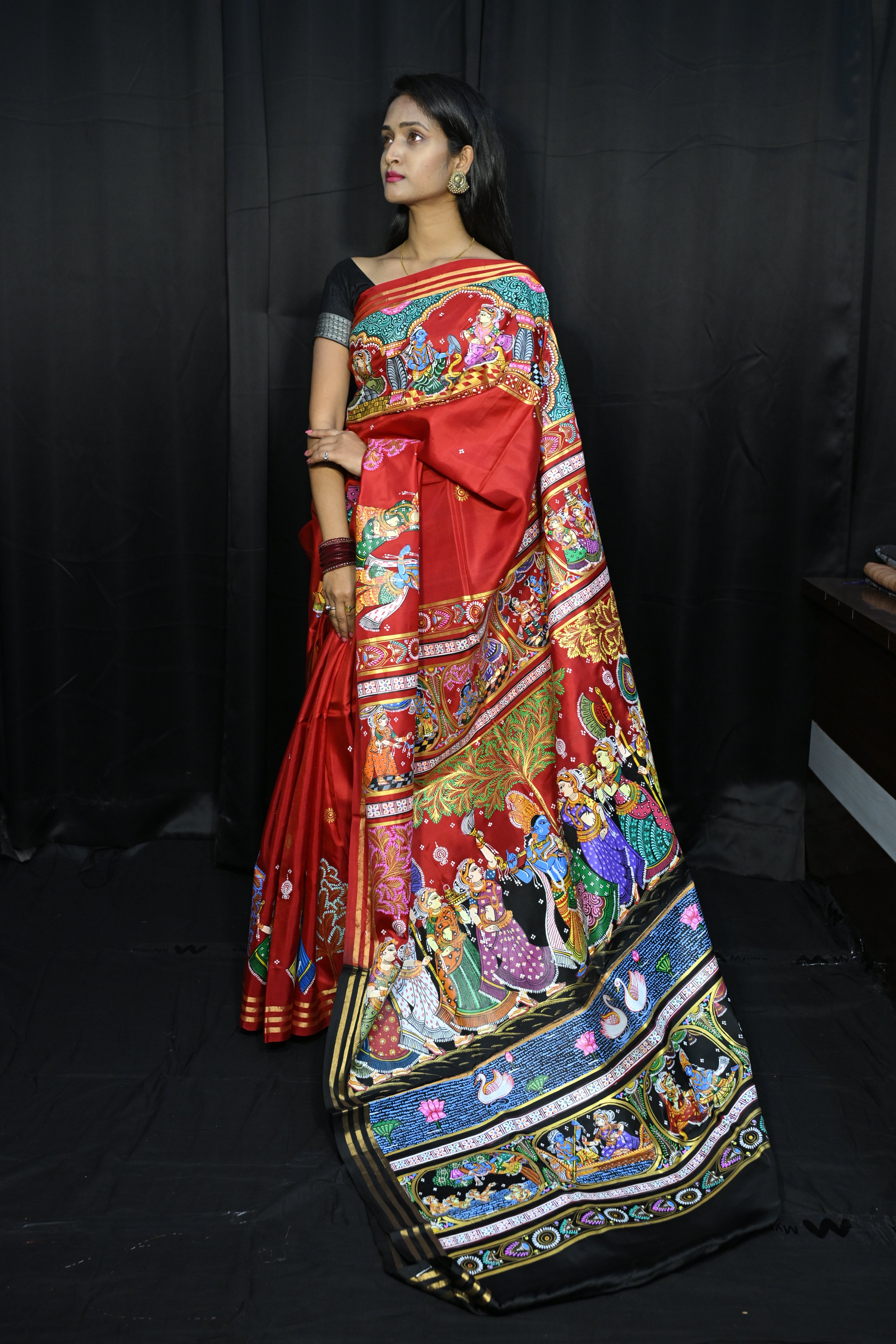 Red Black Radha Krishna Rasa Theme Pattachitra Kanjeeveram Silk Saree