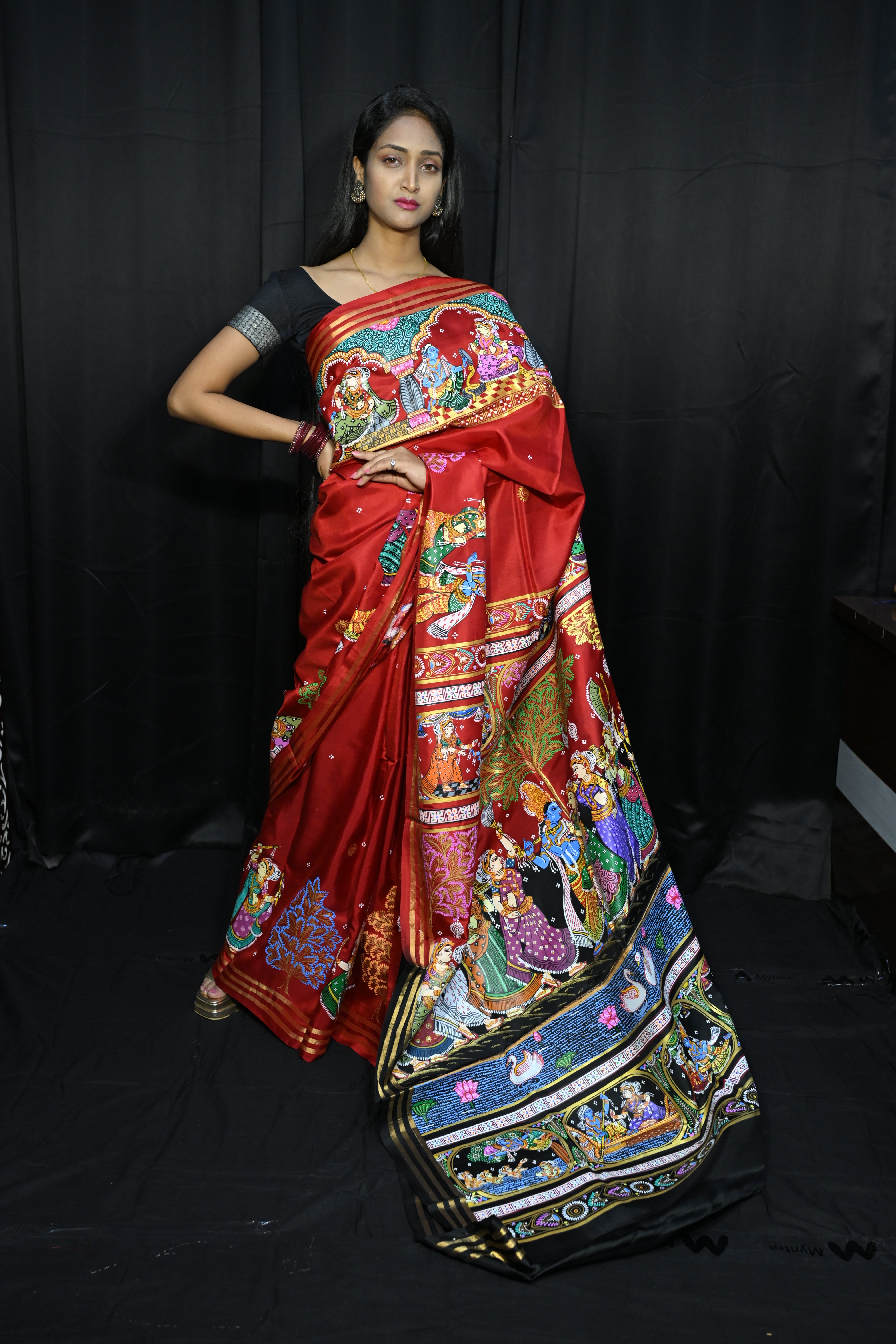 Red Black Radha Krishna Rasa Theme Pattachitra Kanjeeveram Silk Saree