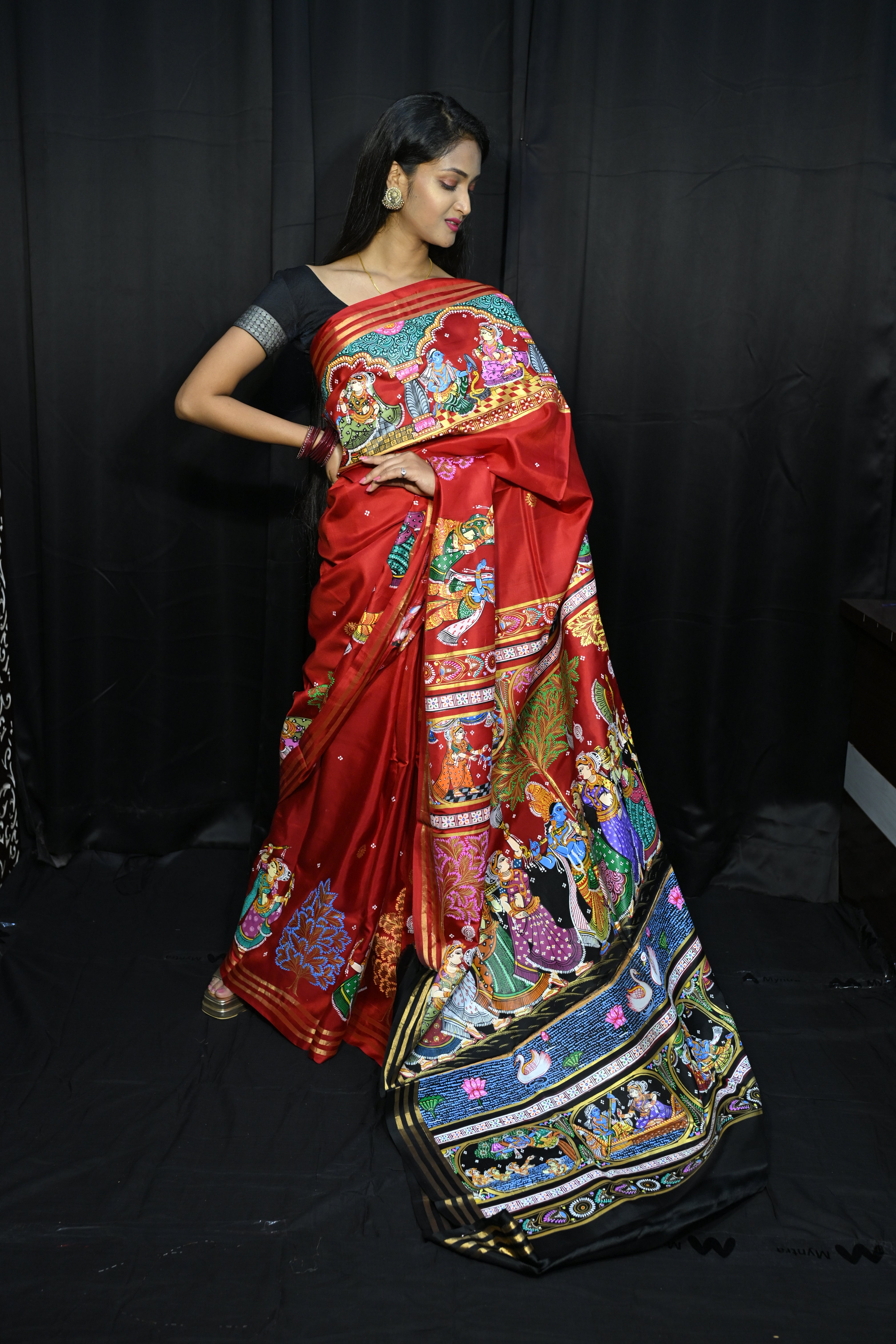 Red Black Radha Krishna Rasa Theme Pattachitra Kanjeeveram Silk Saree