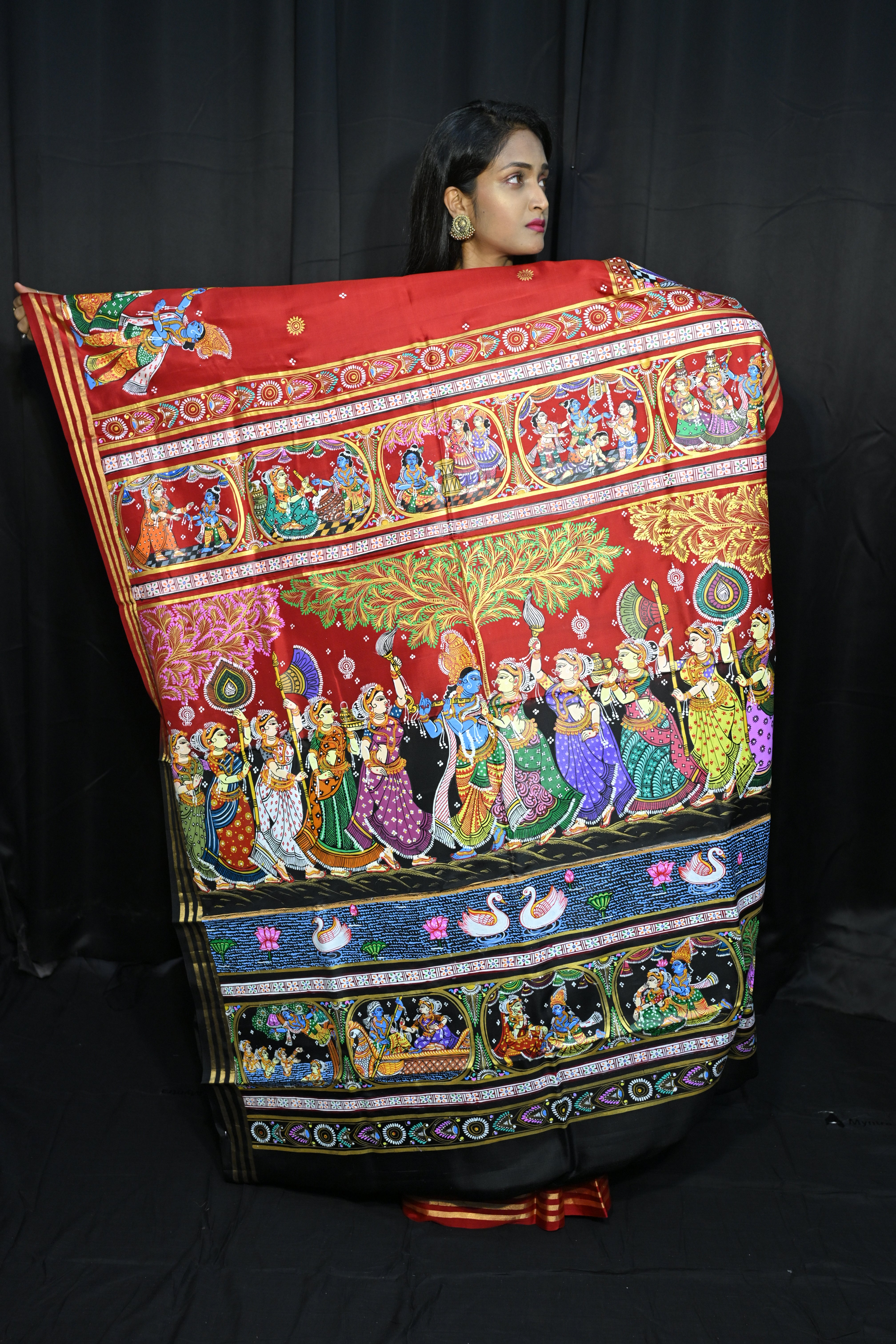 Red Black Radha Krishna Rasa Theme Pattachitra Kanjeeveram Silk Saree