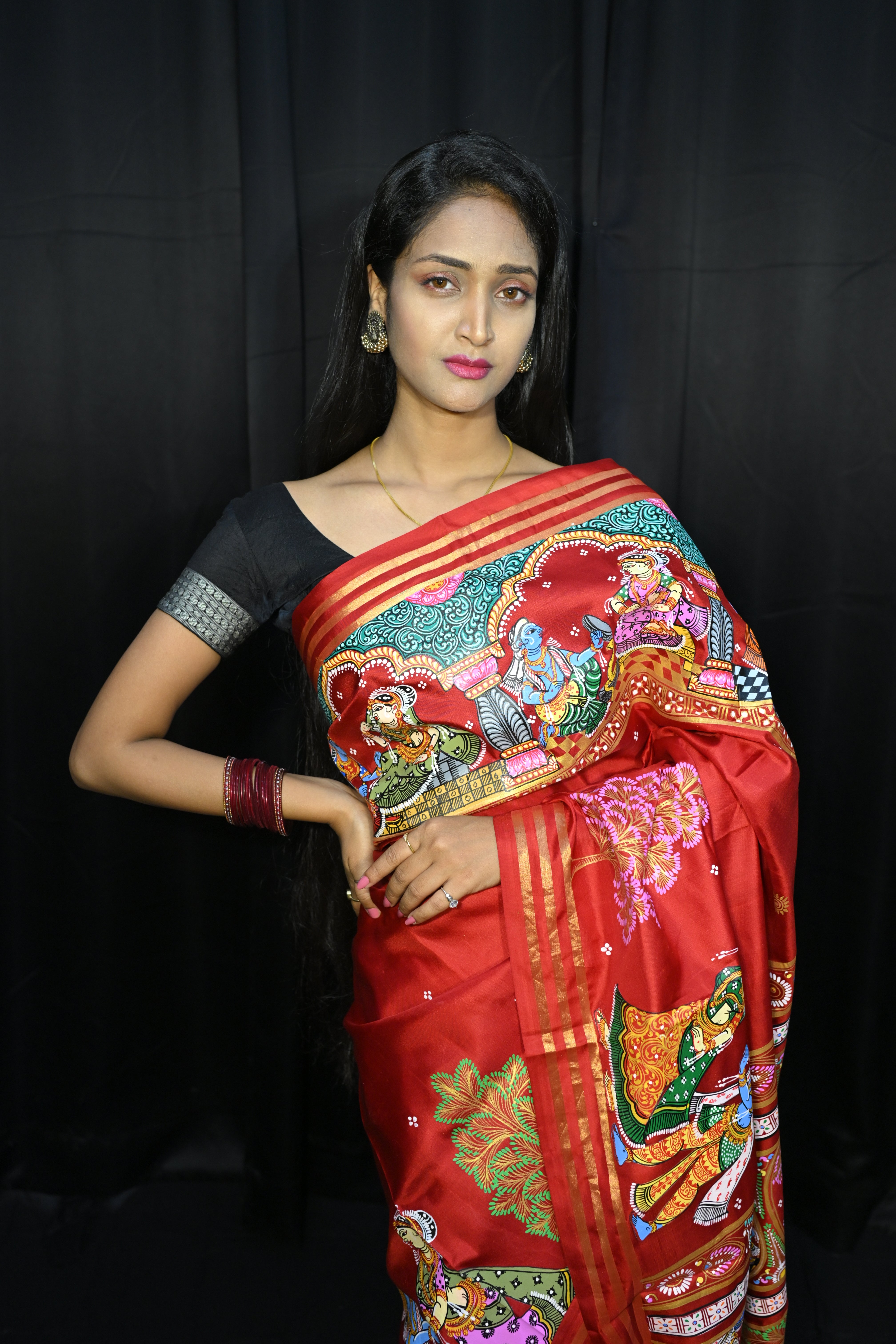 Red Black Radha Krishna Rasa Theme Pattachitra Kanjeeveram Silk Saree
