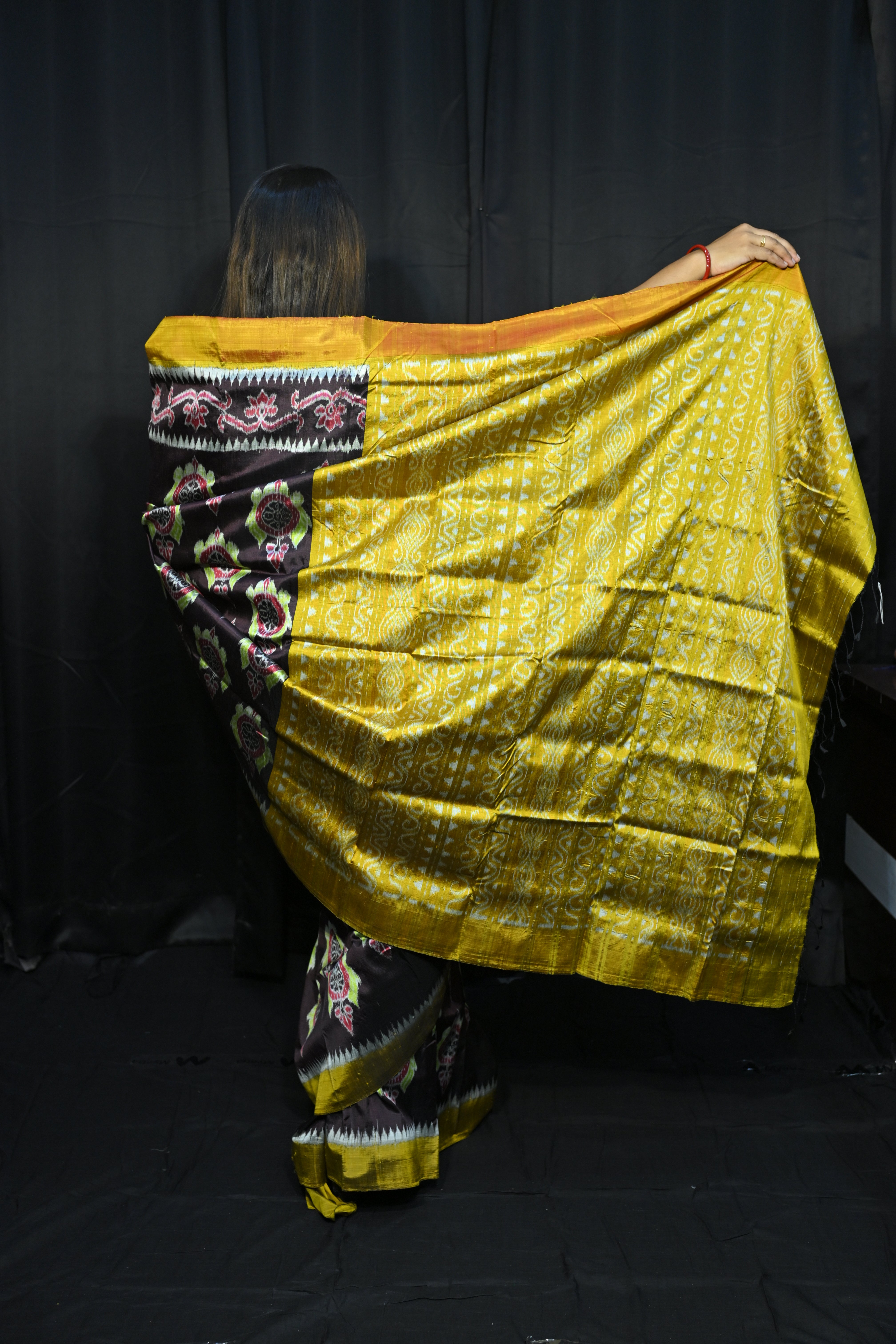 Coffee Mustard Yellow Neelachakra Design Mulberry Silk Saree