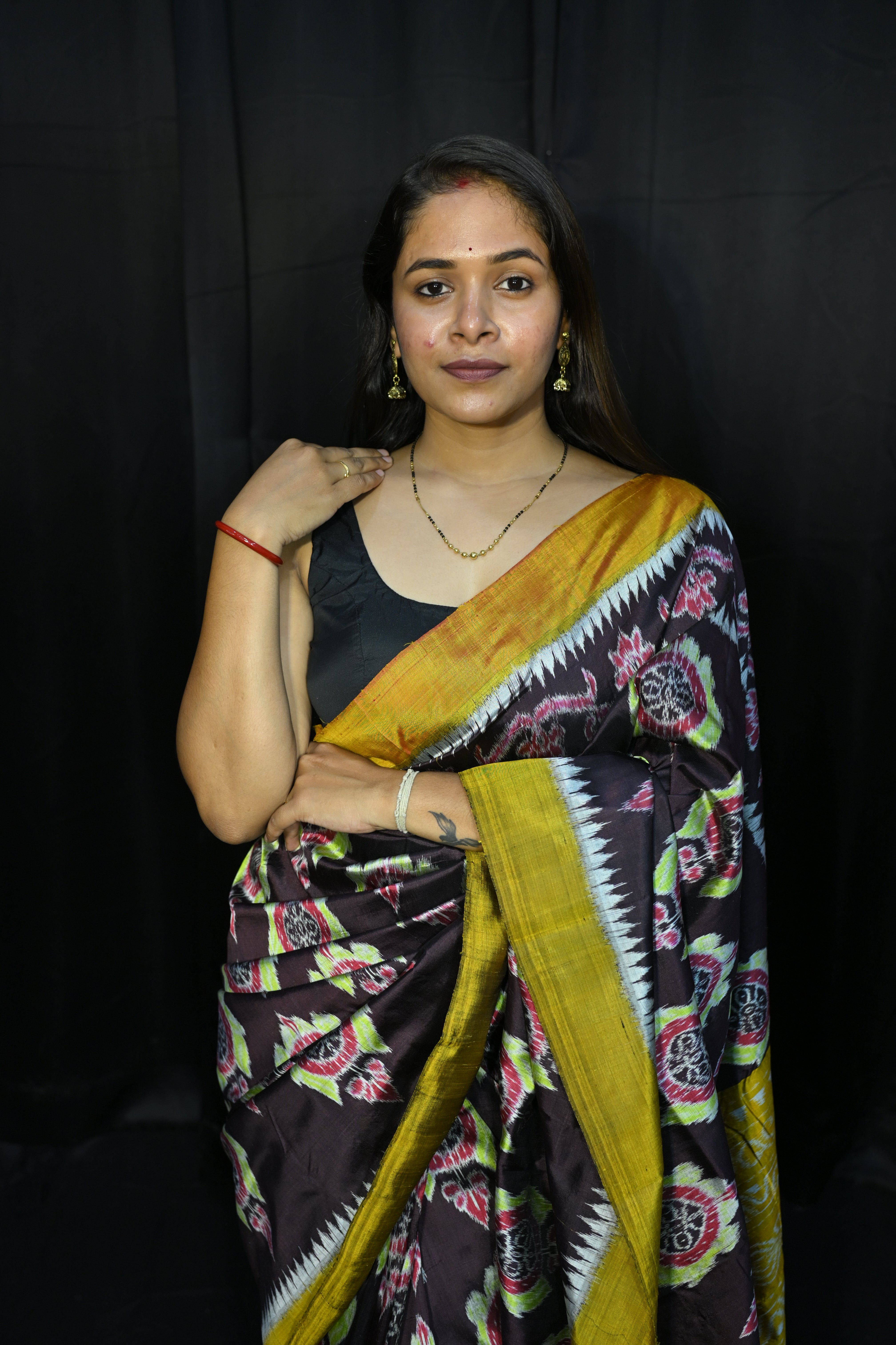 Coffee Mustard Yellow Neelachakra Design Mulberry Silk Saree