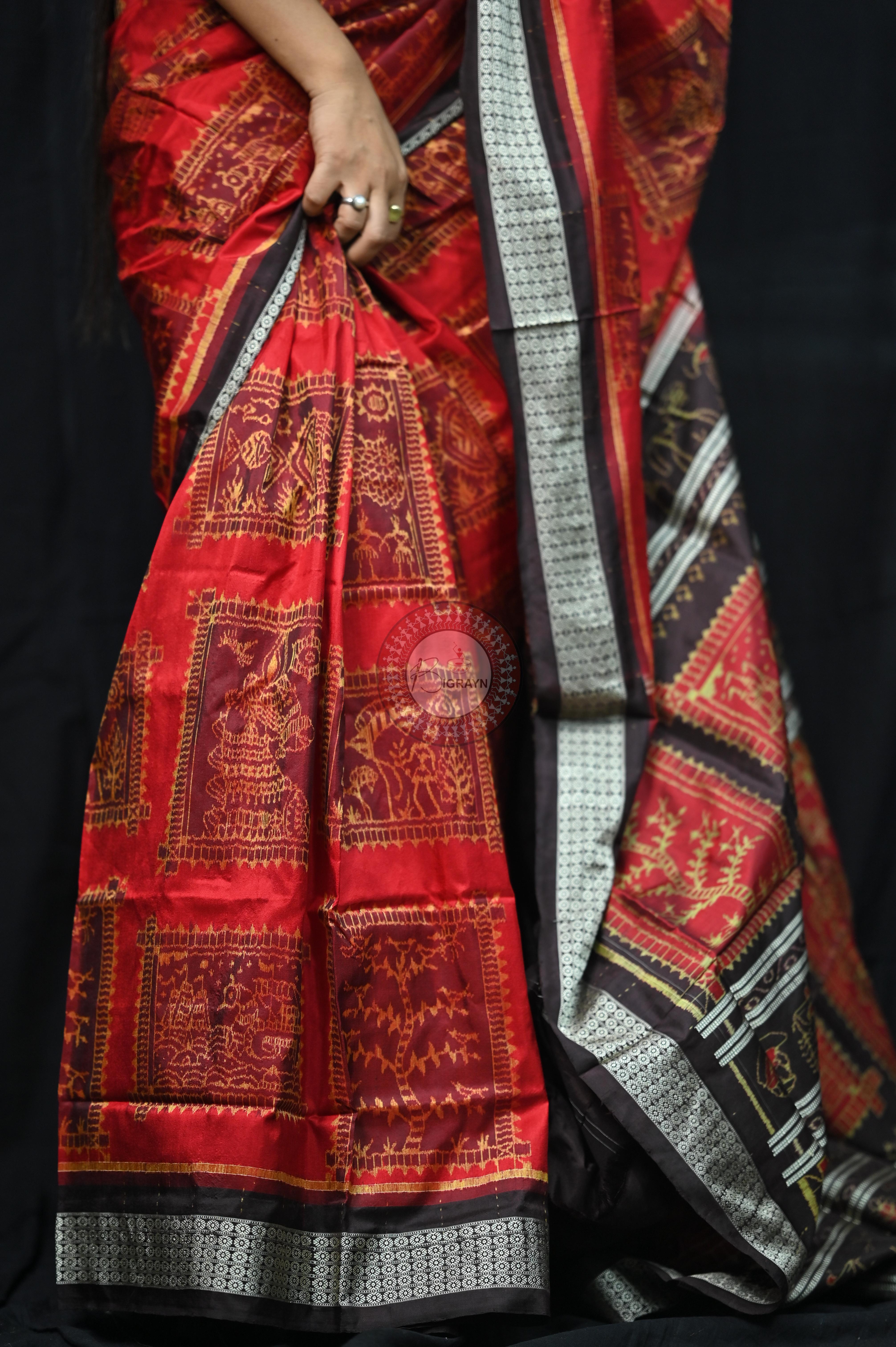 Red Black Exclusive Teracotta Design Sambalpuri Silk Saree