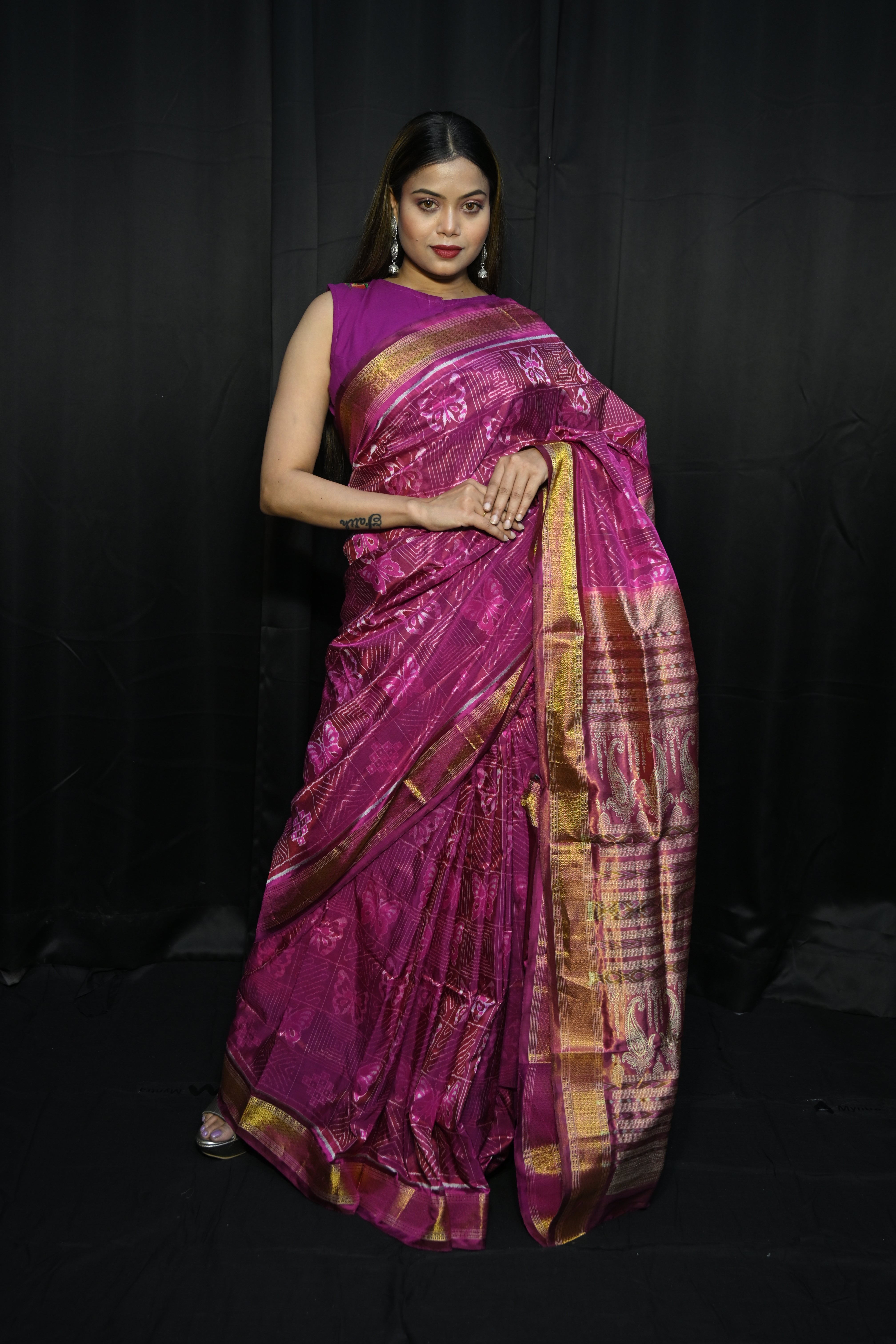 Pink Golden Butterfly Half Tissue Silk Saree