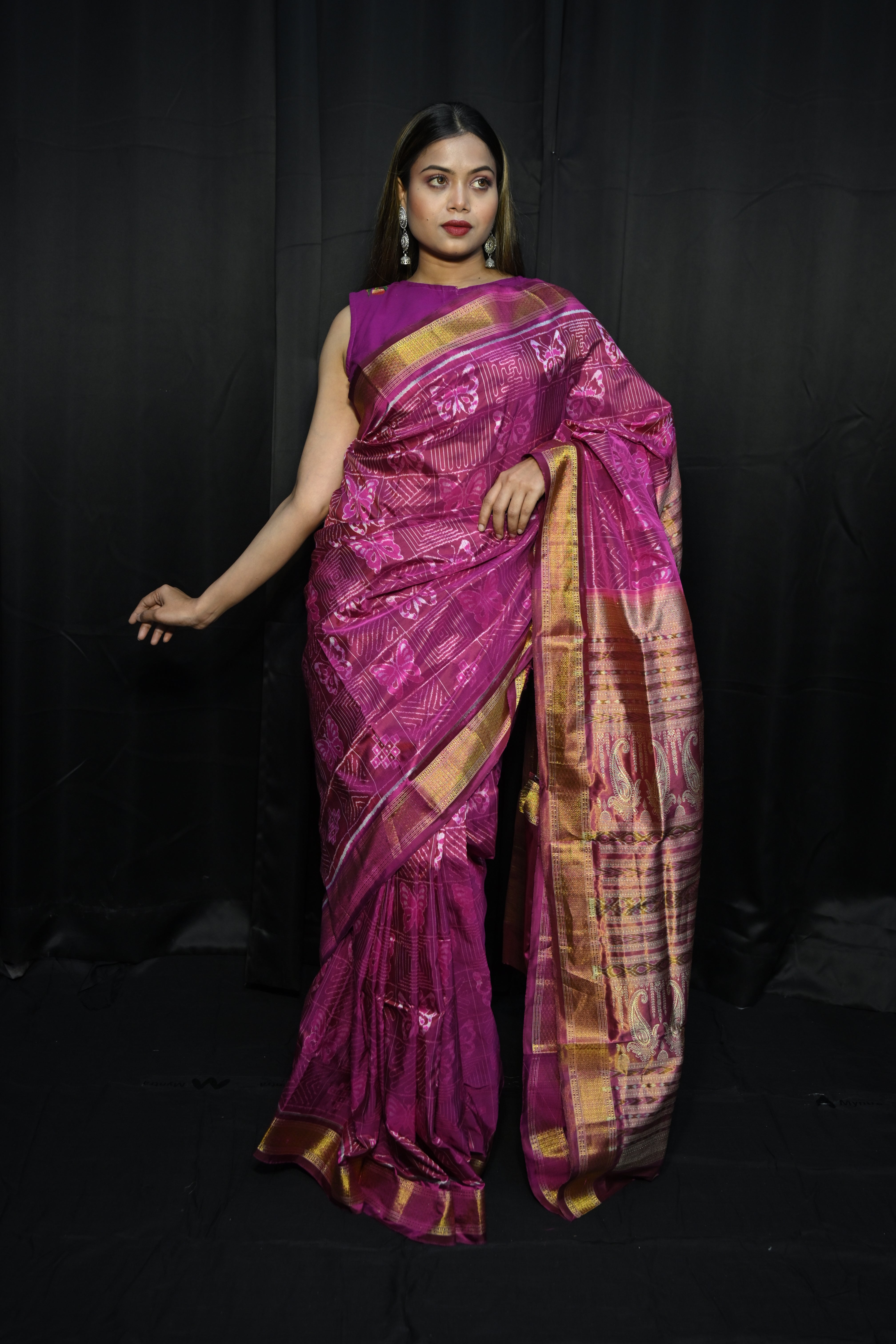Pink Golden Butterfly Half Tissue Silk Saree