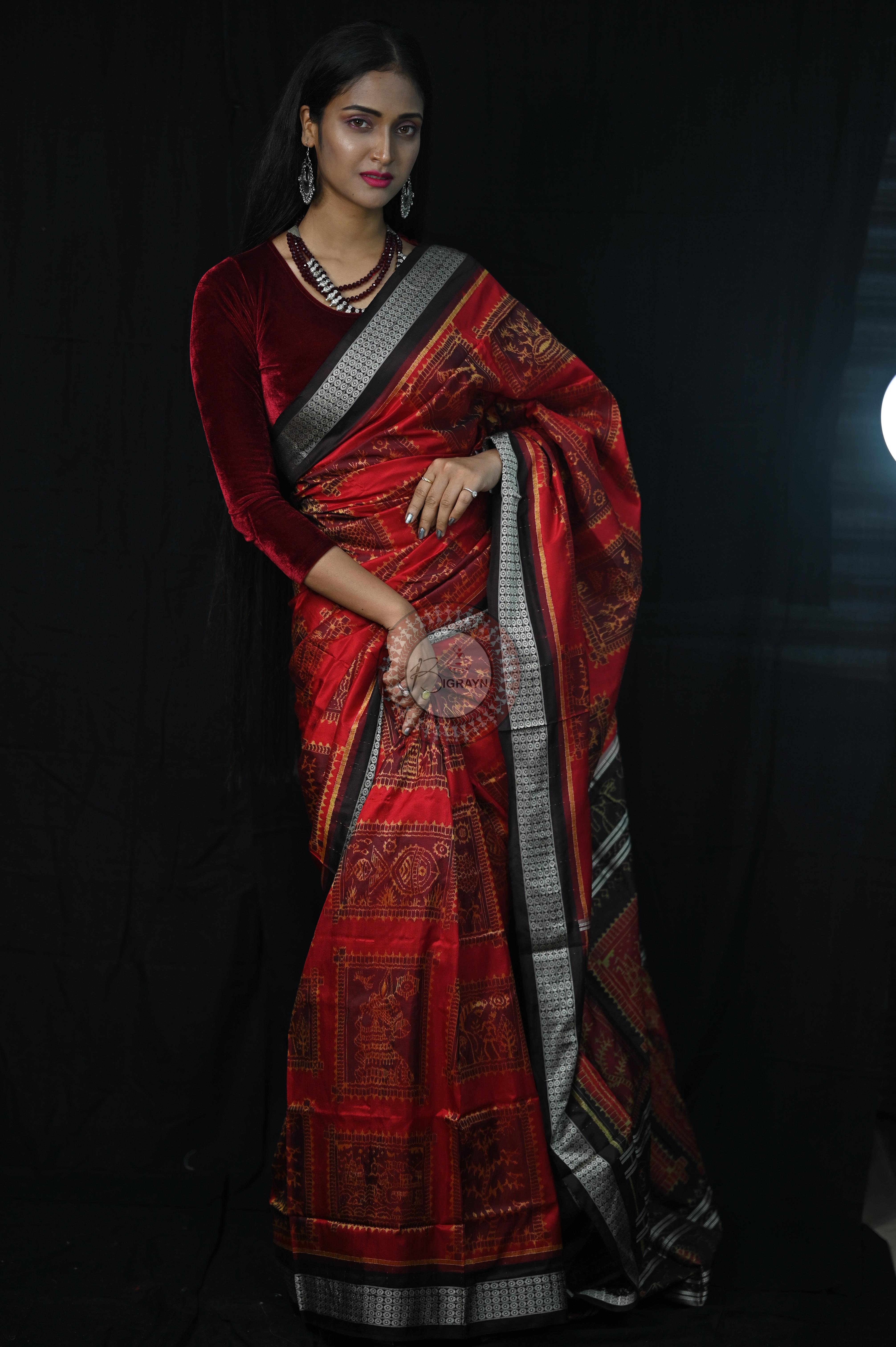 Red Black Exclusive Teracotta Design Sambalpuri Silk Saree