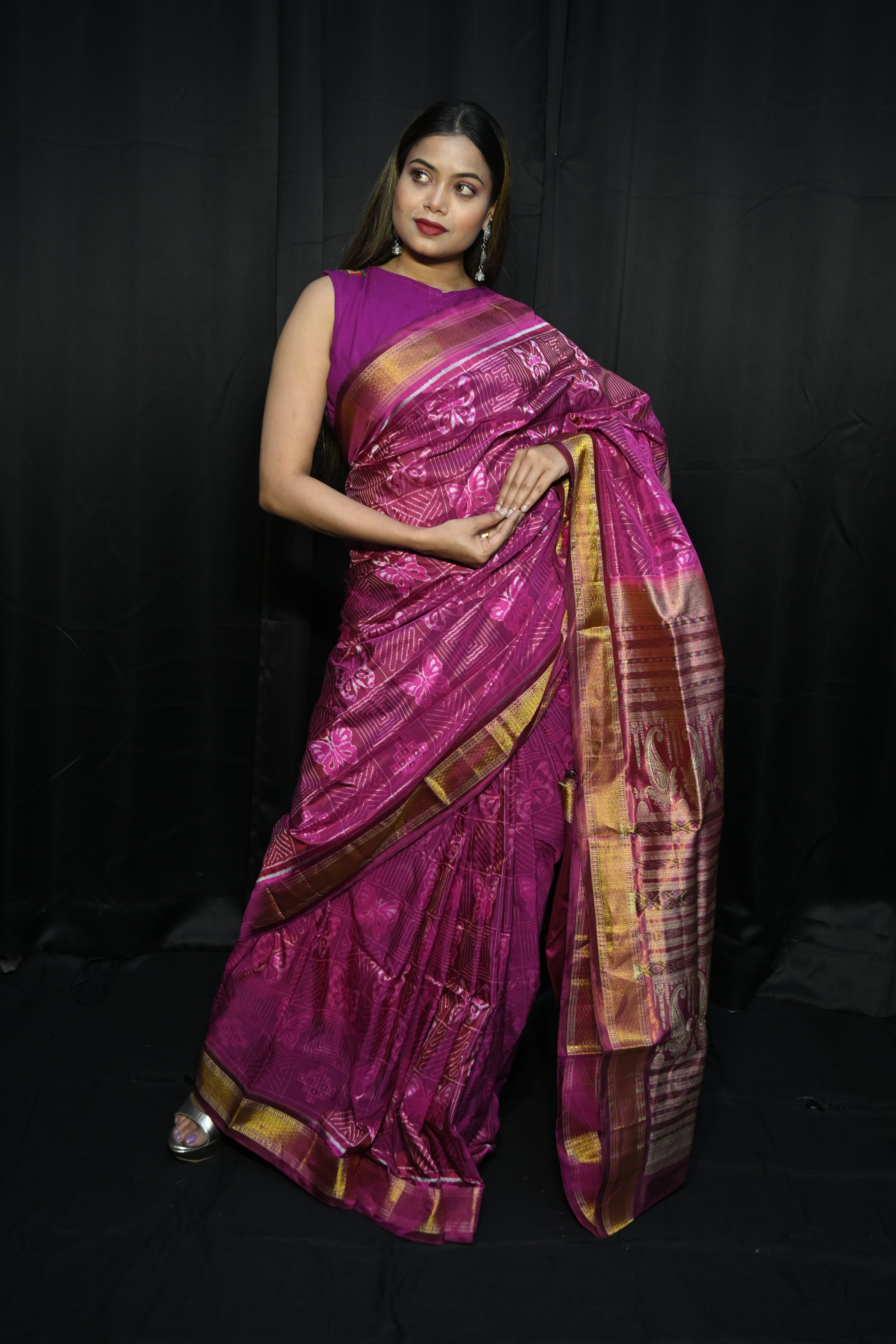 Pink Golden Butterfly Half Tissue Silk Saree
