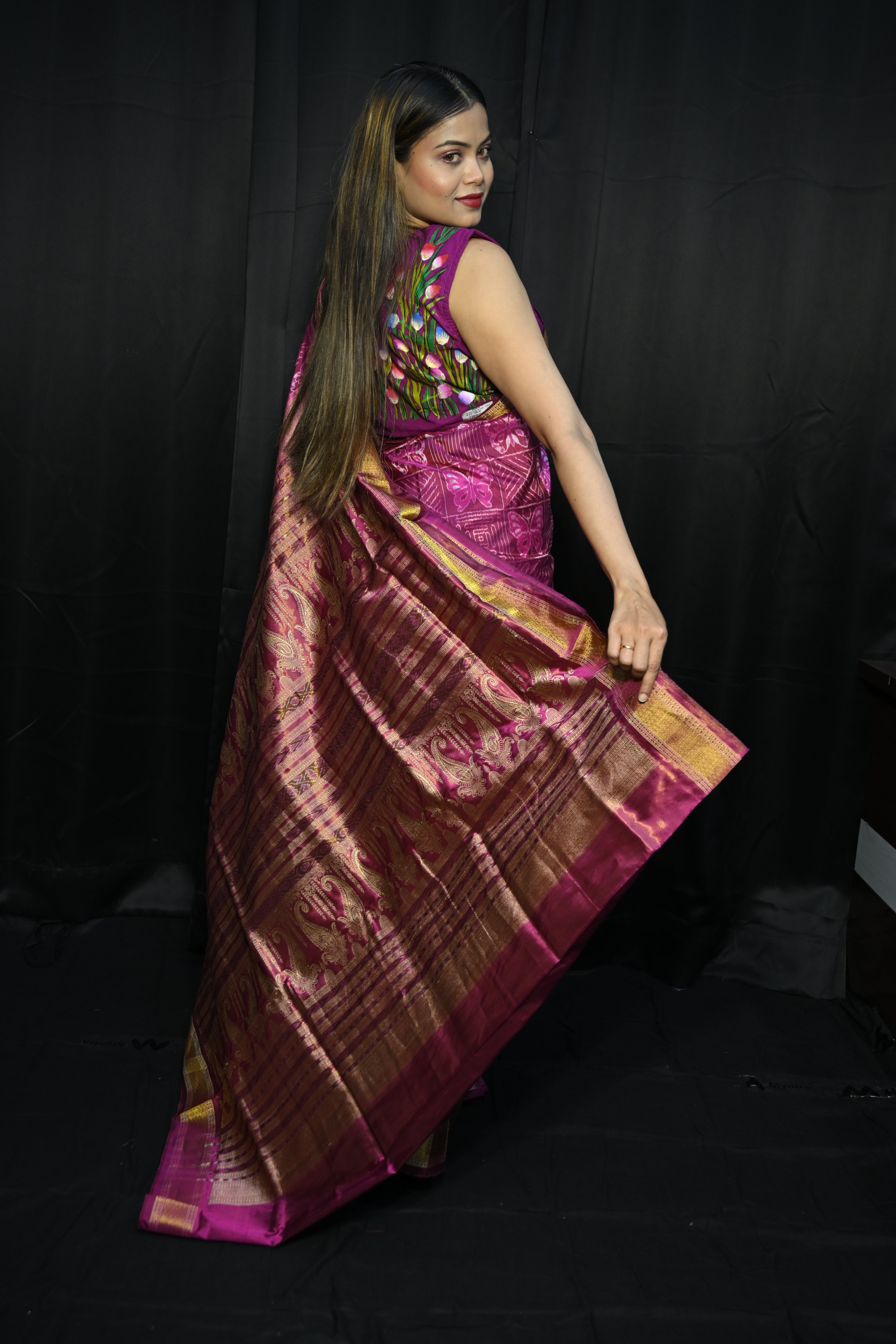 Pink Golden Butterfly Half Tissue Silk Saree