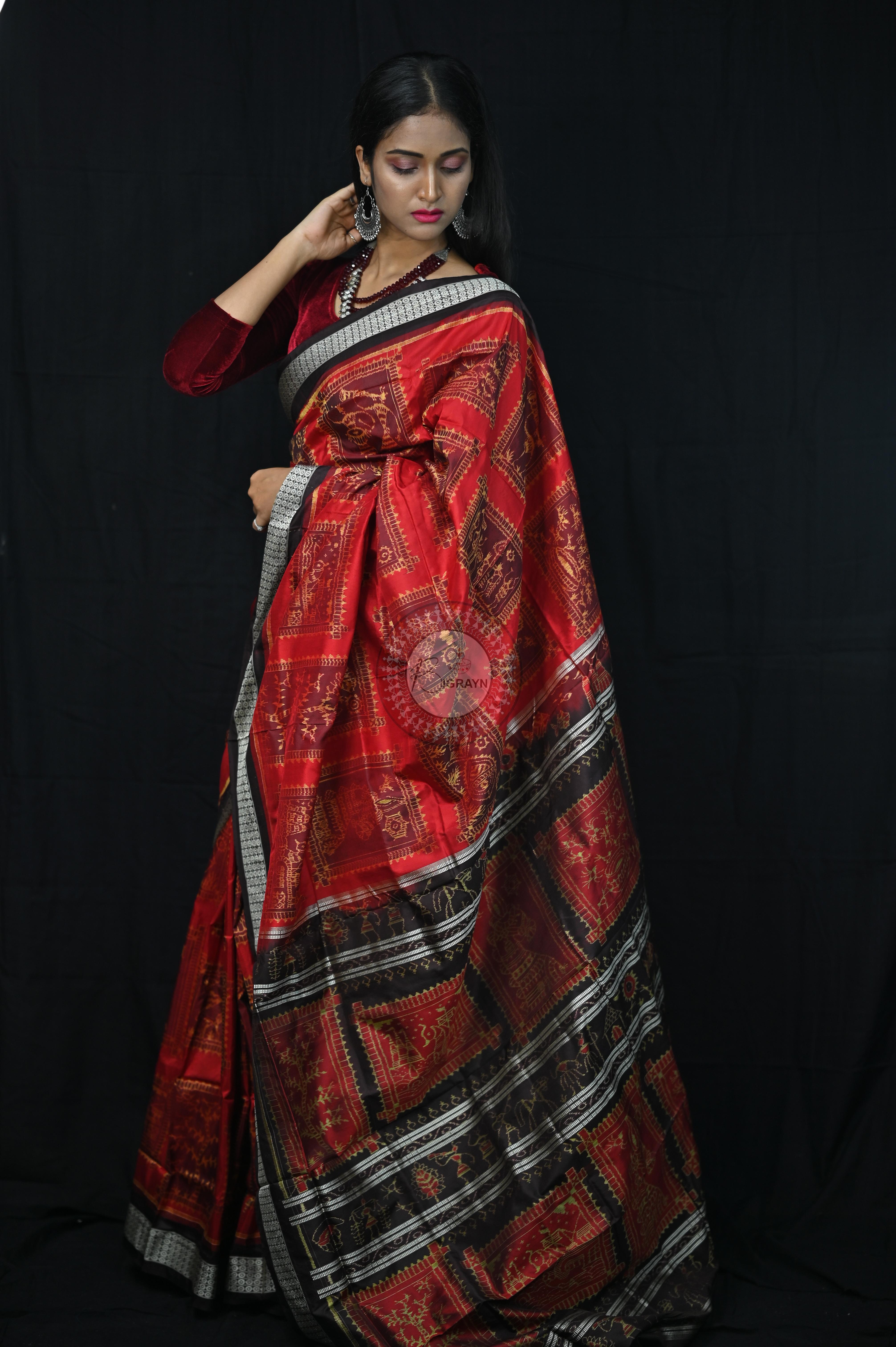 Red Black Exclusive Teracotta Design Sambalpuri Silk Saree