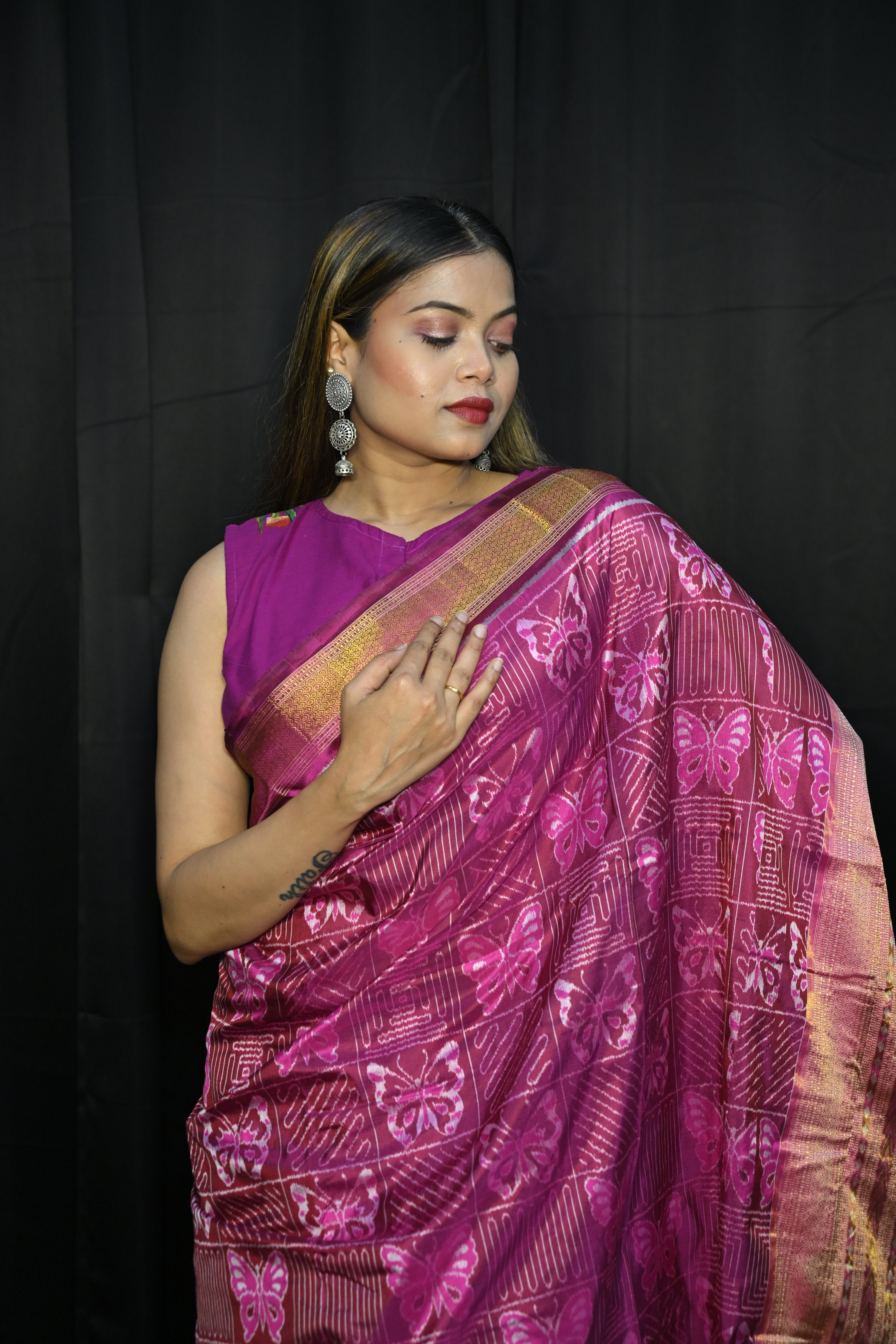 Pink Golden Butterfly Half Tissue Silk Saree