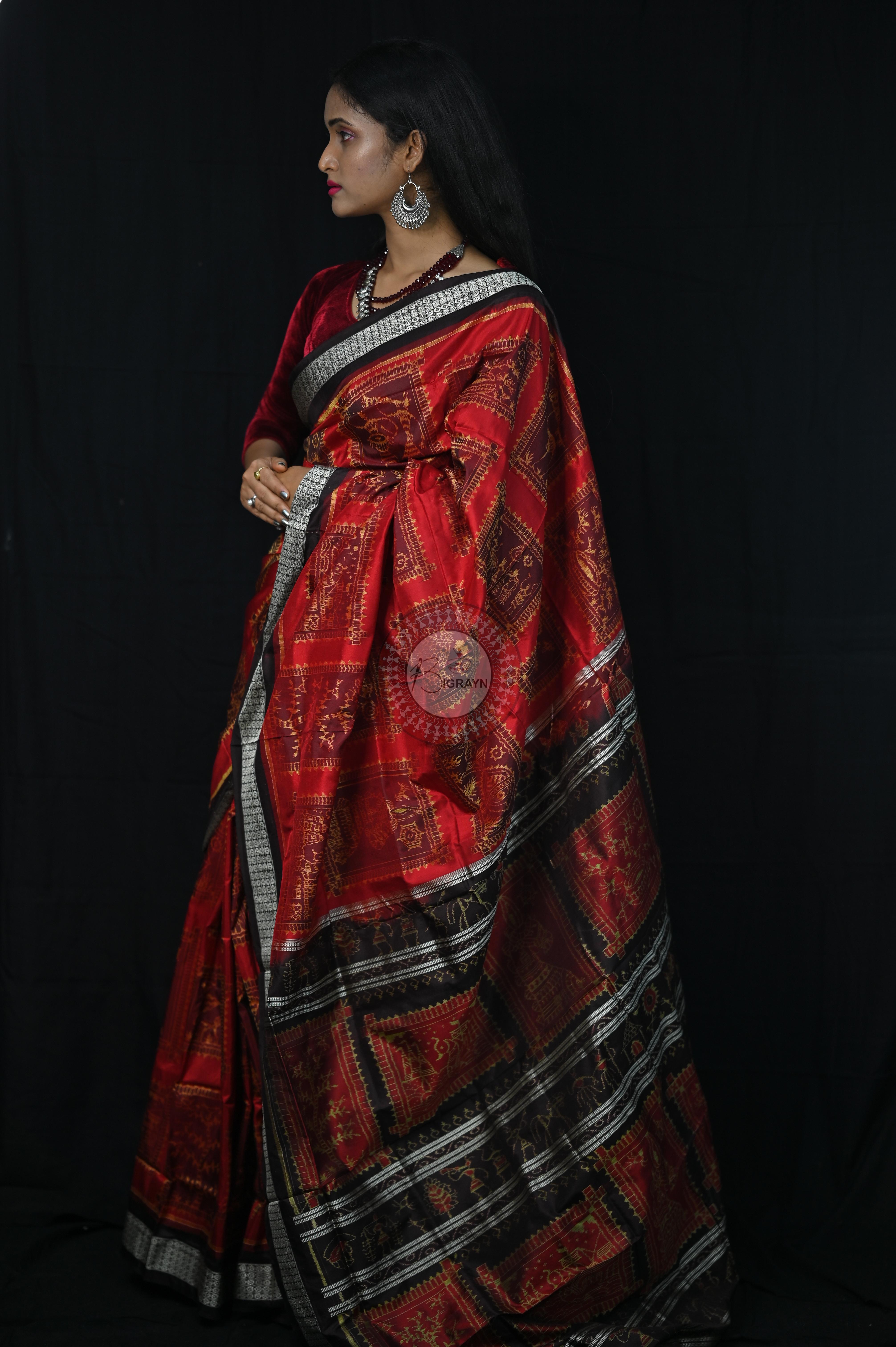 Red Black Exclusive Teracotta Design Sambalpuri Silk Saree