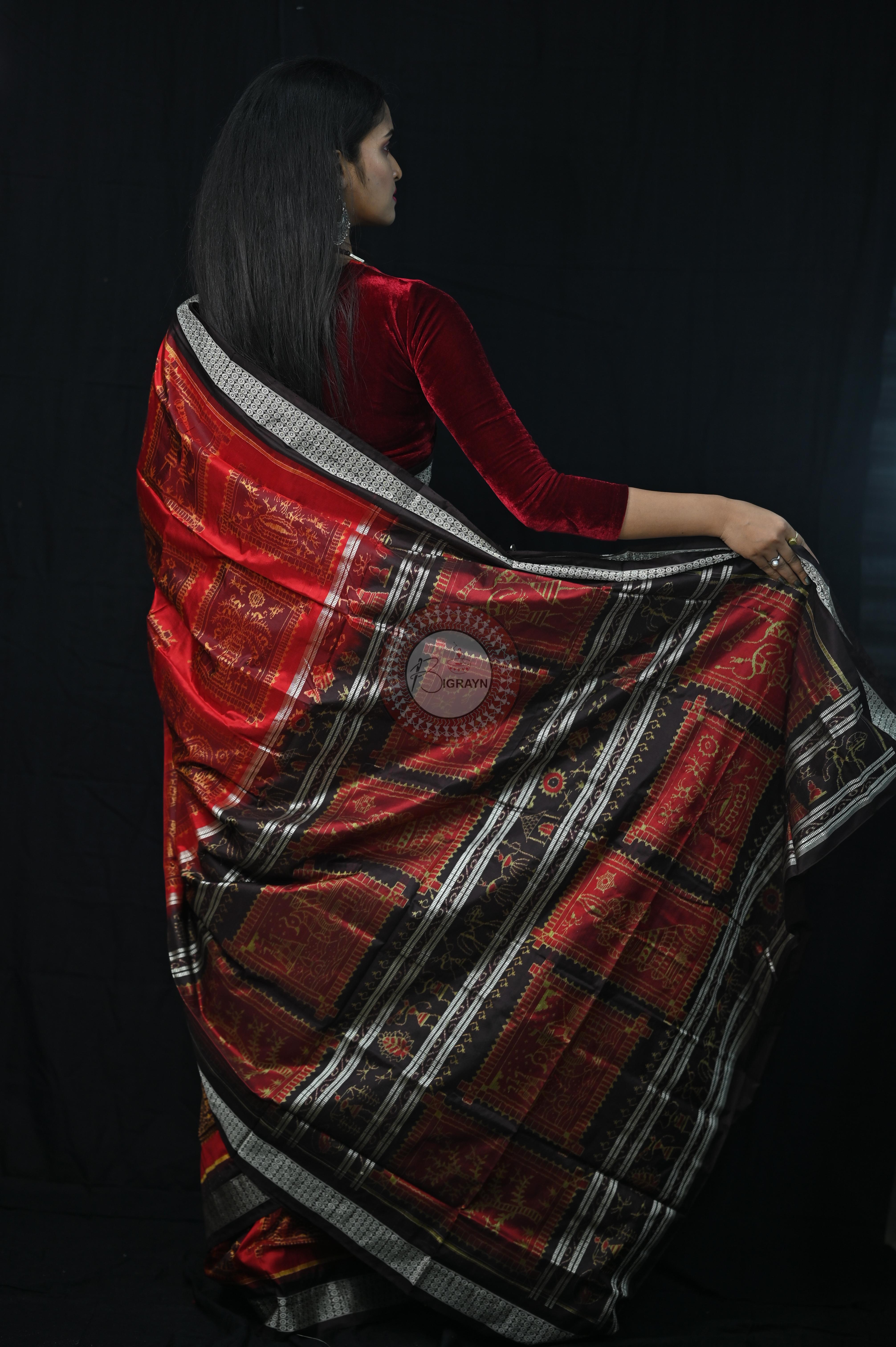 Red Black Exclusive Teracotta Design Sambalpuri Silk Saree