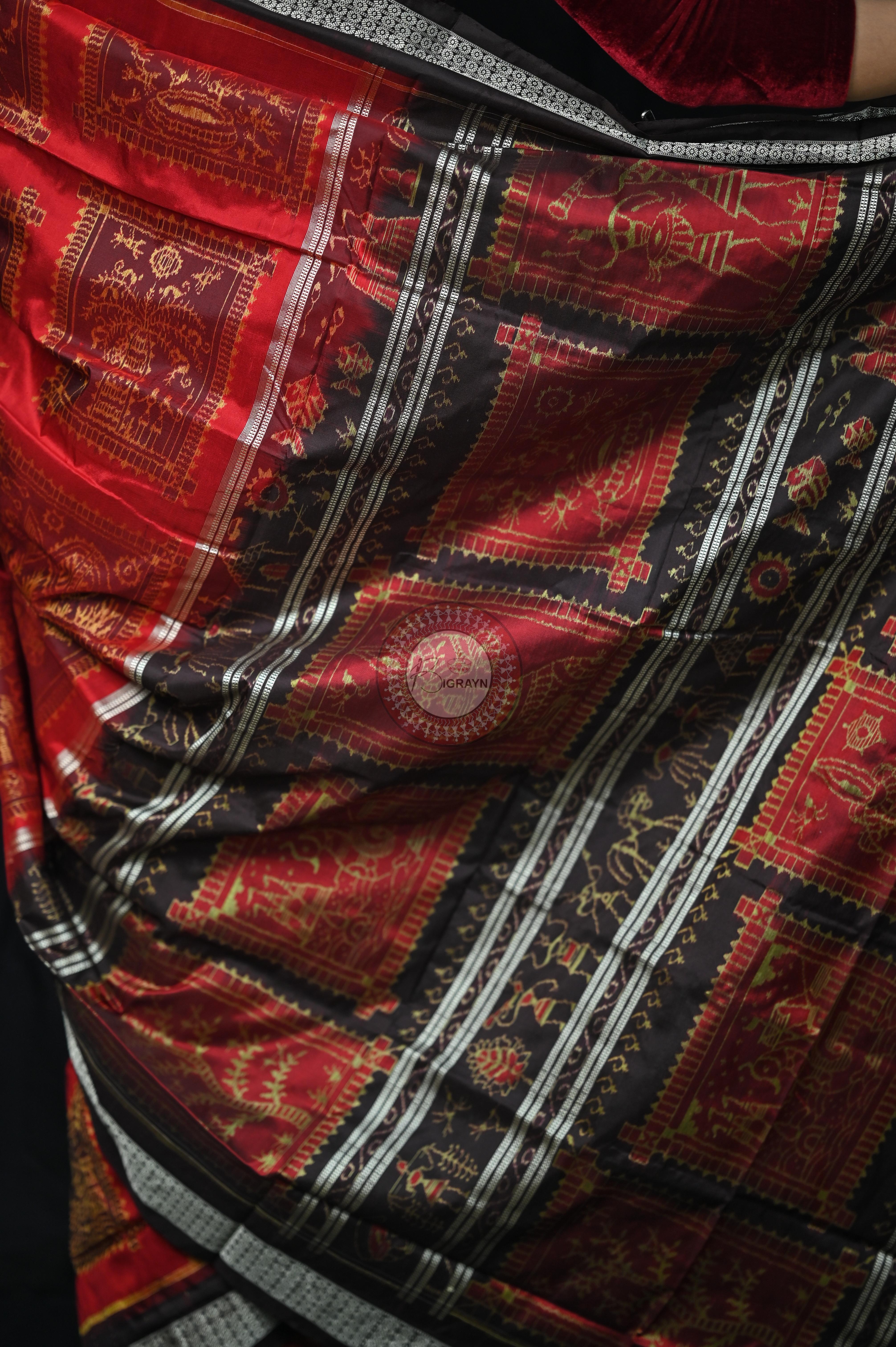 Red Black Exclusive Teracotta Design Sambalpuri Silk Saree