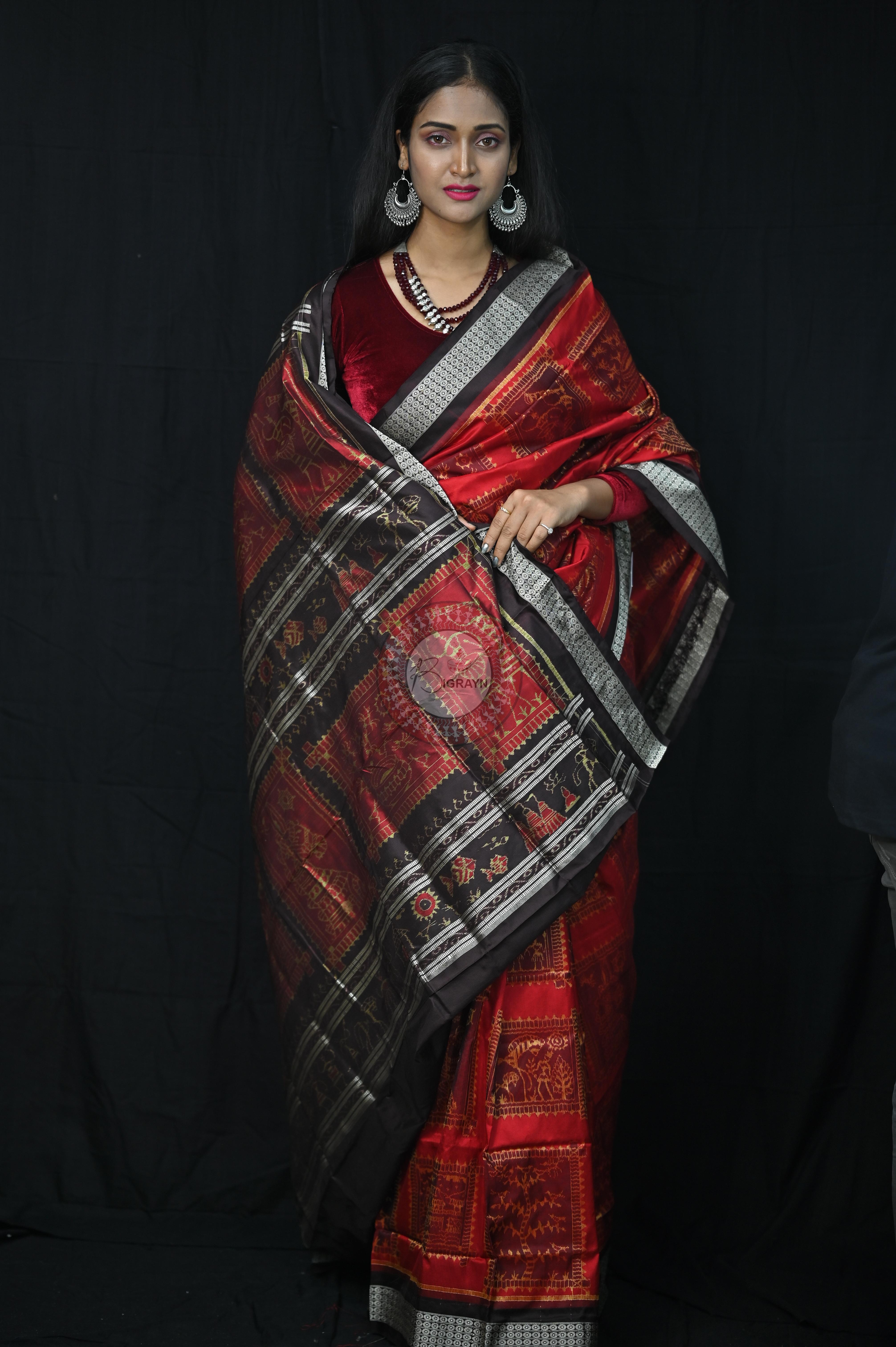Red Black Exclusive Teracotta Design Sambalpuri Silk Saree