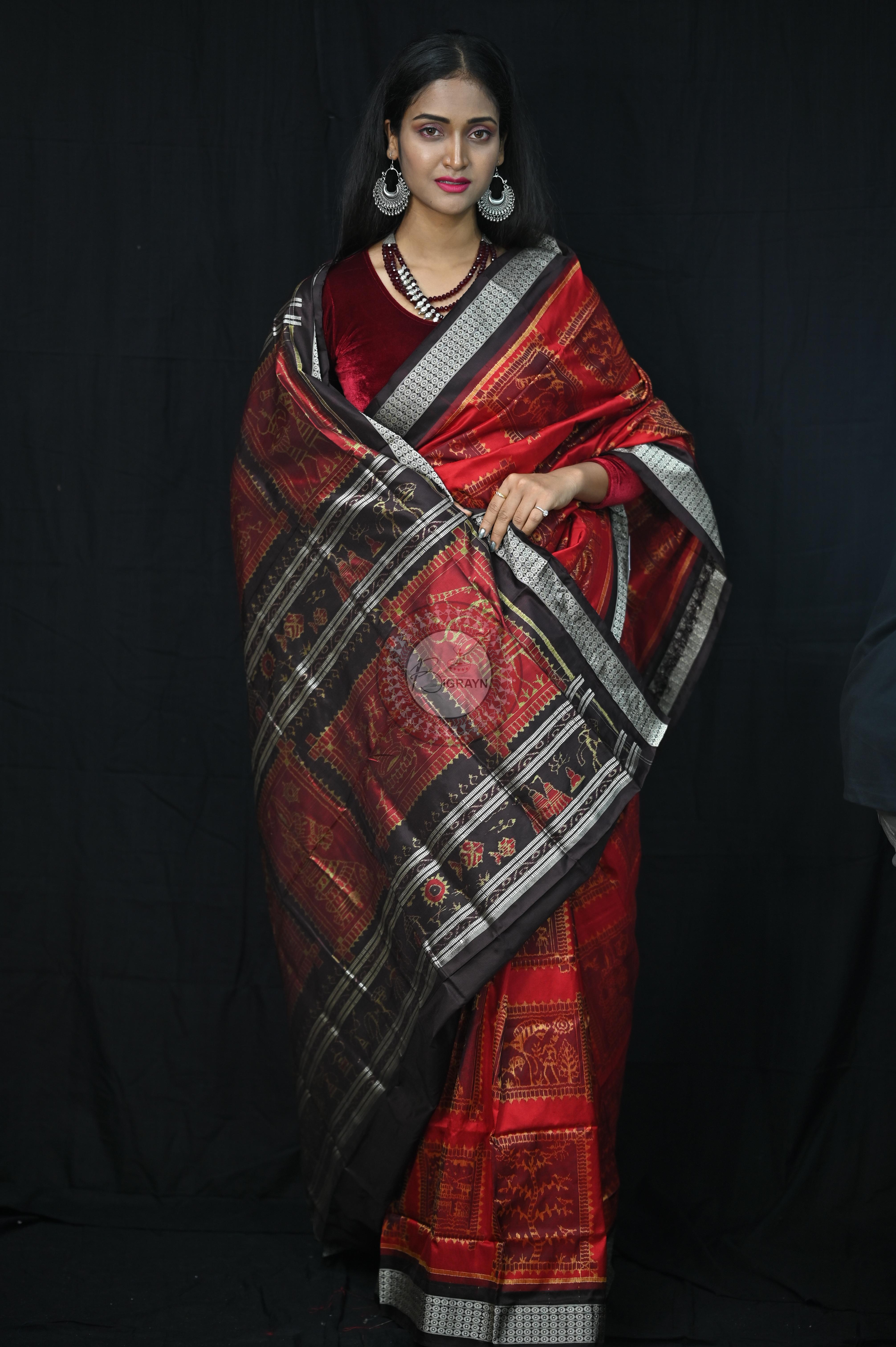 Red Black Exclusive Teracotta Design Sambalpuri Silk Saree