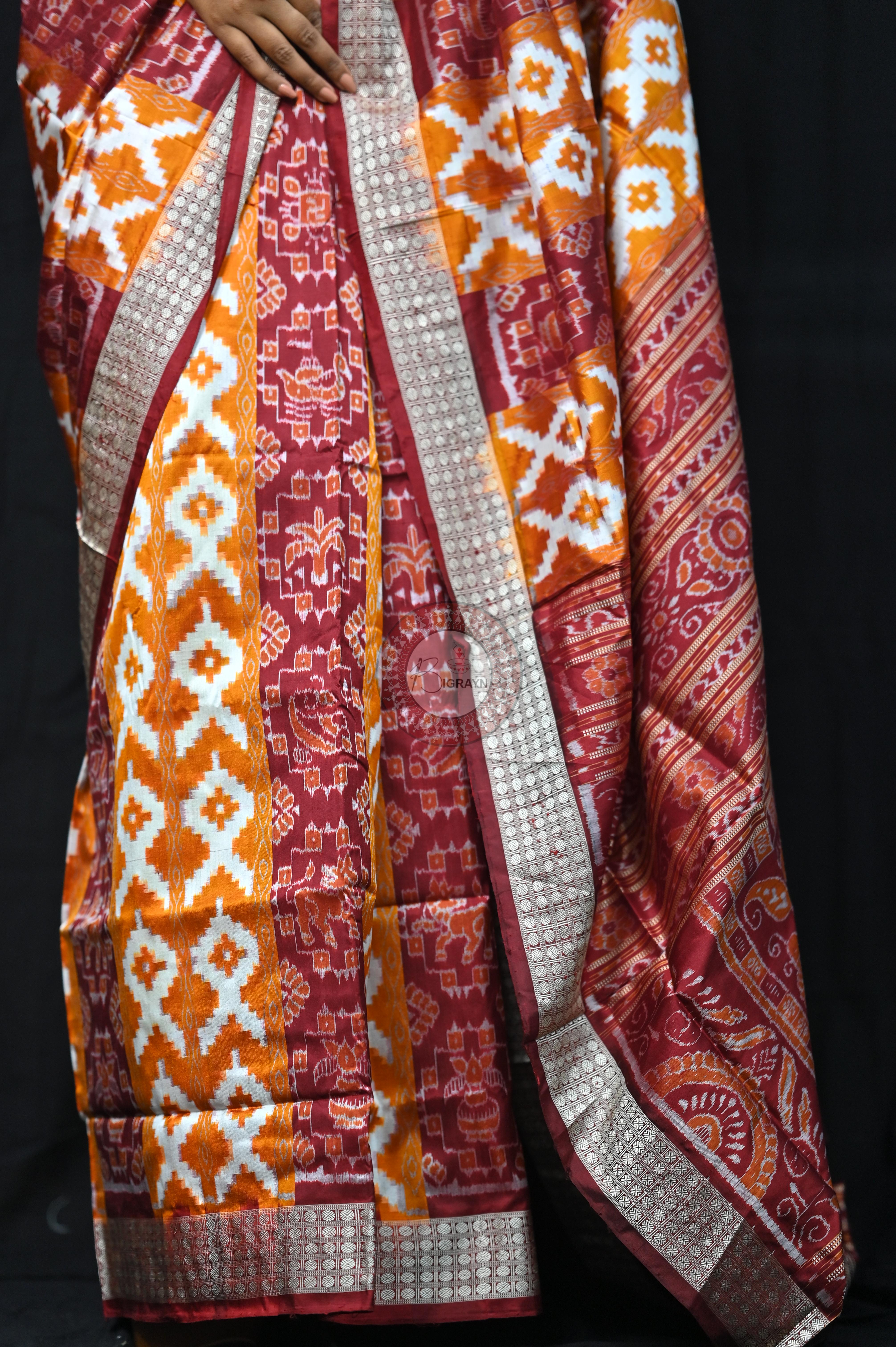 Mustard Yellow Maroon Fish Pattern Pasapali Sambalpuri Silk Saree