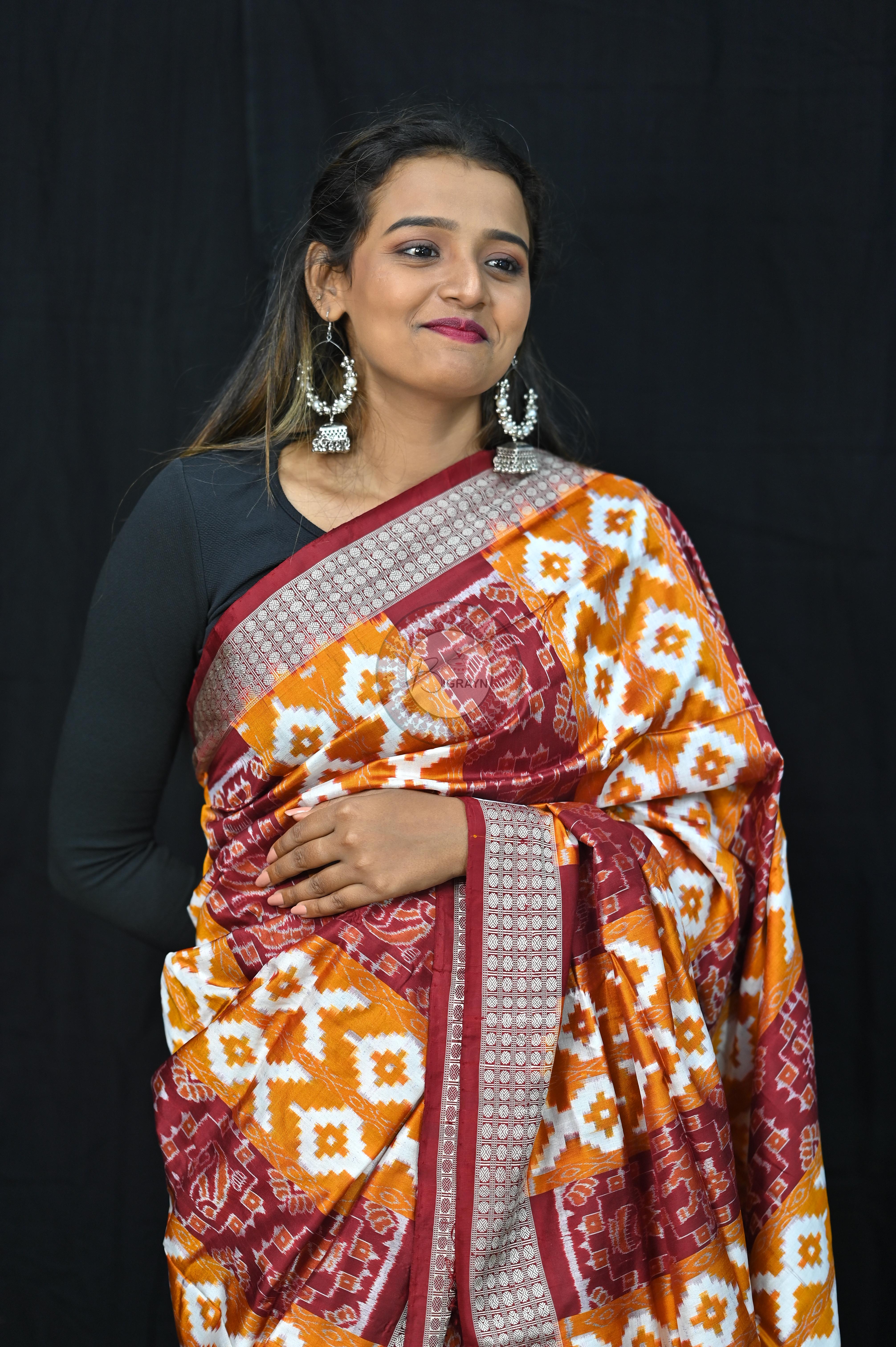 Mustard Yellow Maroon Fish Pattern Pasapali Sambalpuri Silk Saree