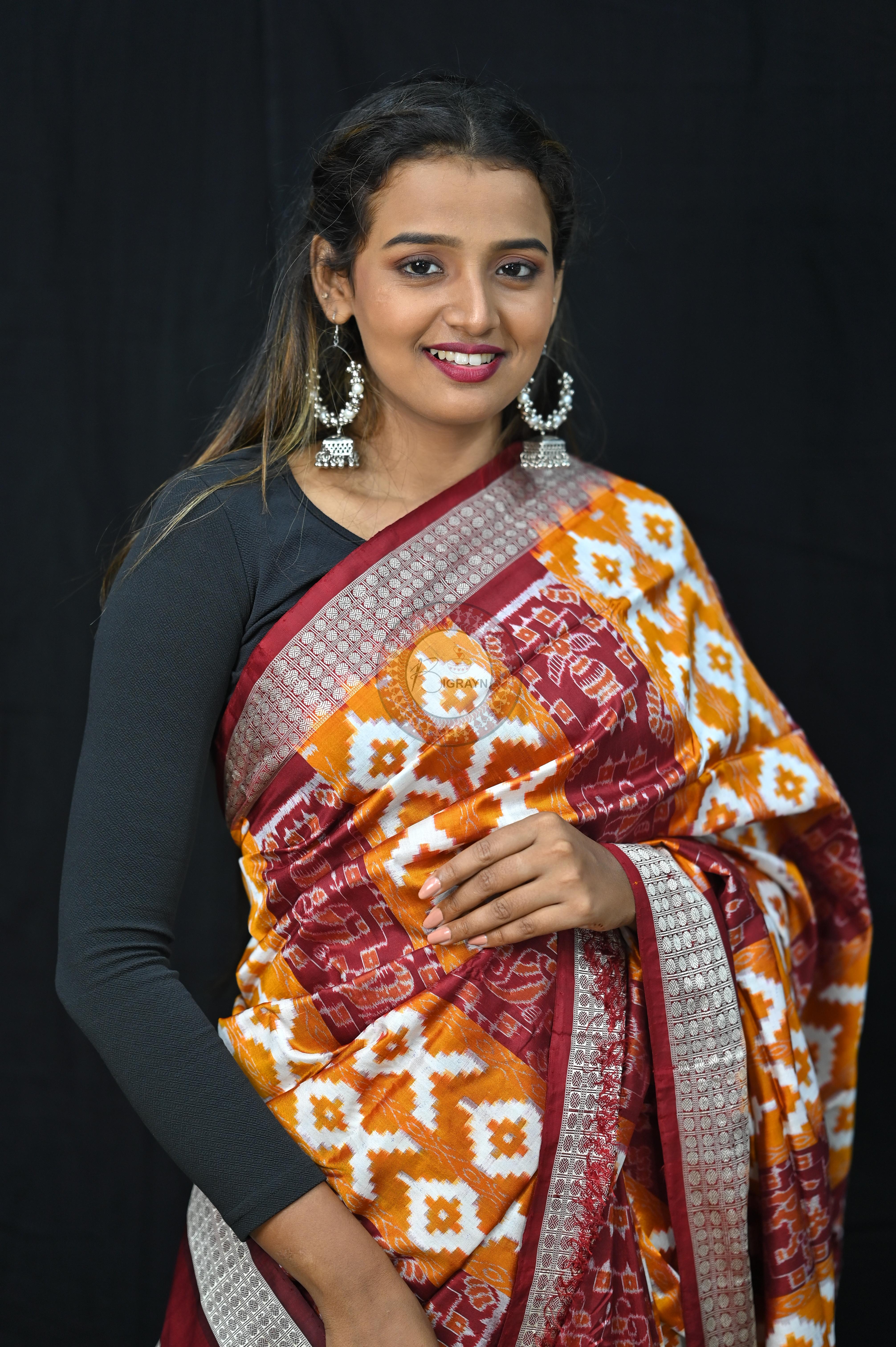 Mustard Yellow Maroon Fish Pattern Pasapali Sambalpuri Silk Saree