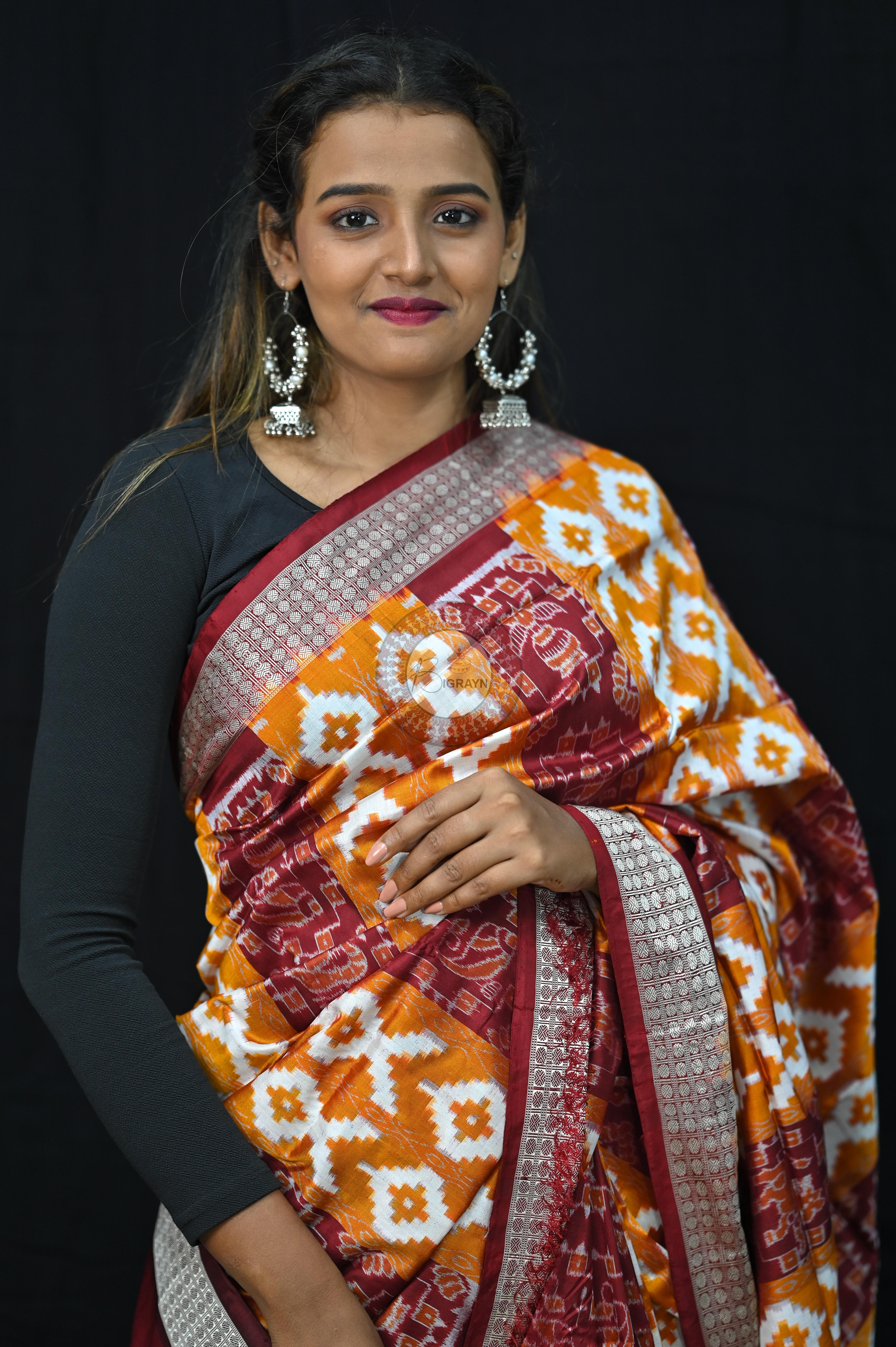 Mustard Yellow Maroon Fish Pattern Pasapali Sambalpuri Silk Saree