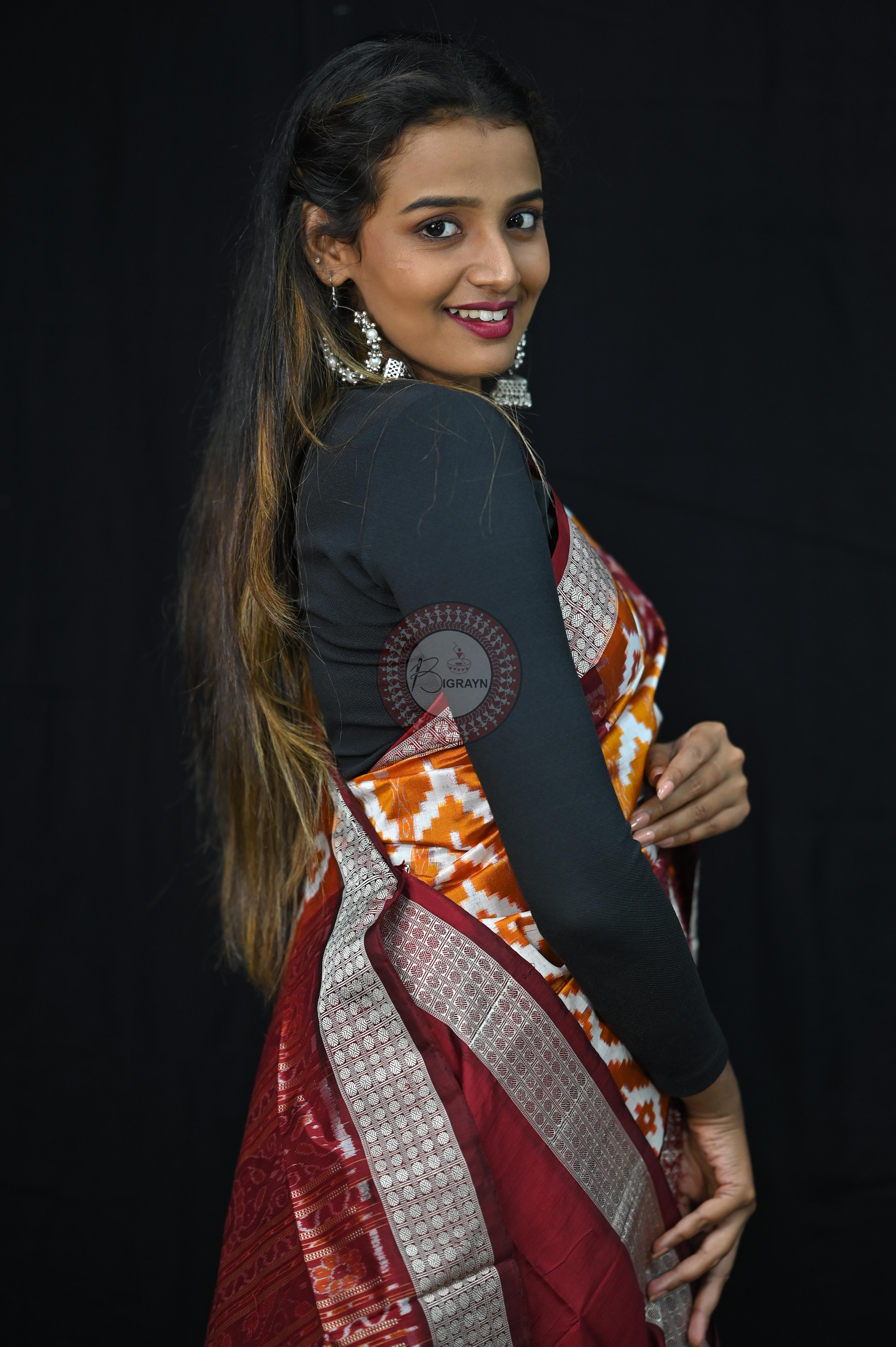 Mustard Yellow Maroon Fish Pattern Pasapali Sambalpuri Silk Saree