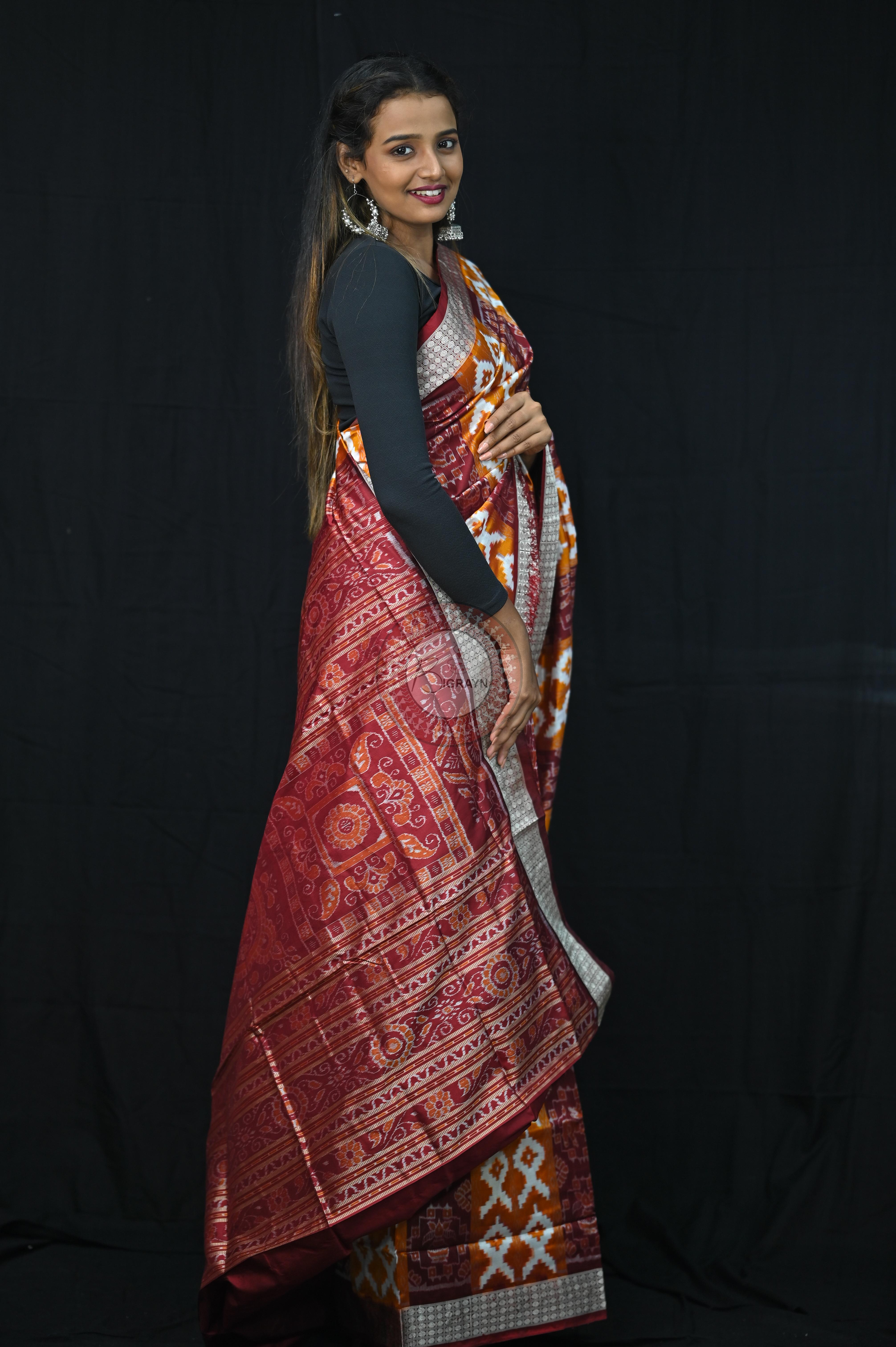 Mustard Yellow Maroon Fish Pattern Pasapali Sambalpuri Silk Saree
