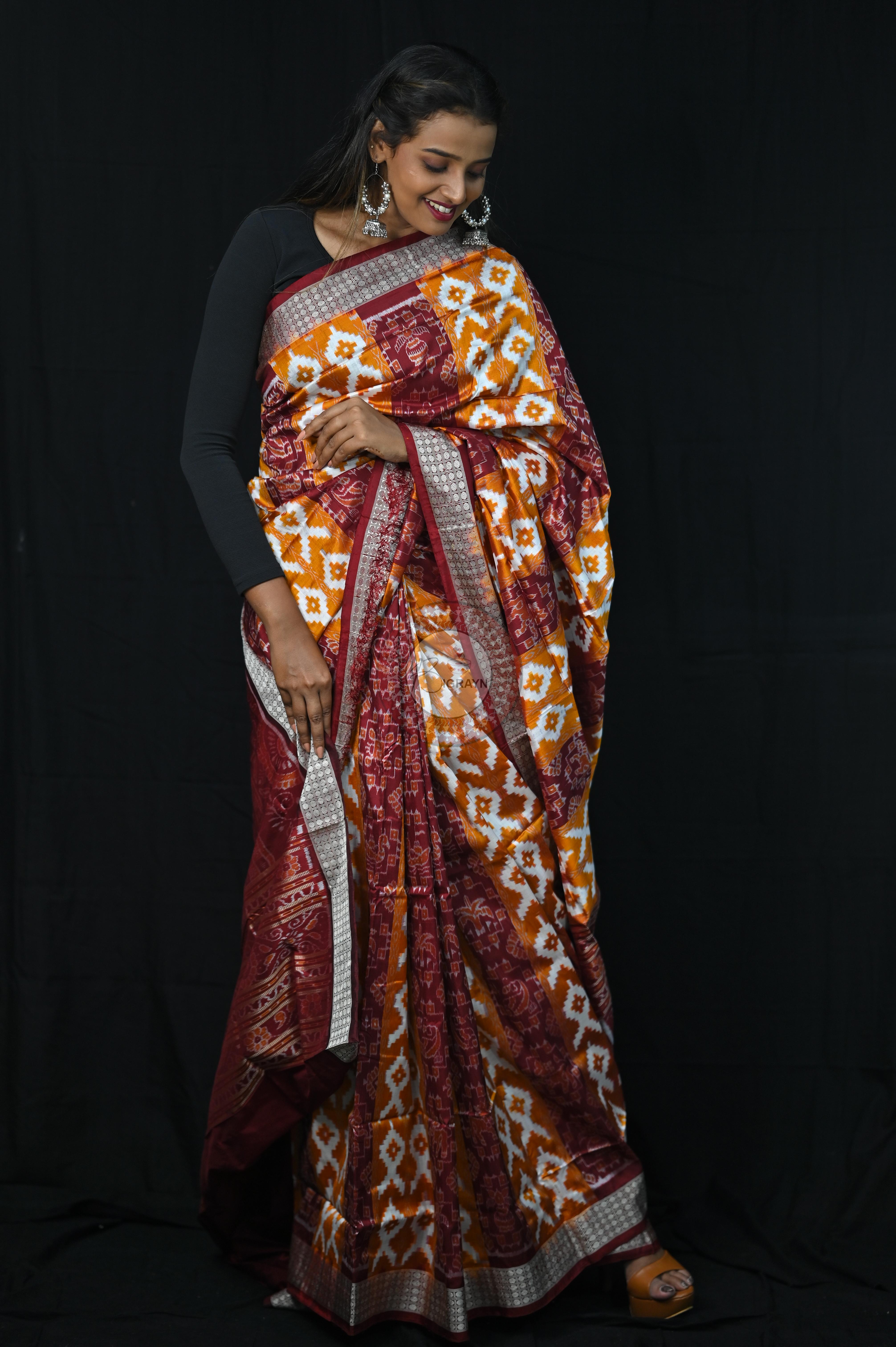 Mustard Yellow Maroon Fish Pattern Pasapali Sambalpuri Silk Saree