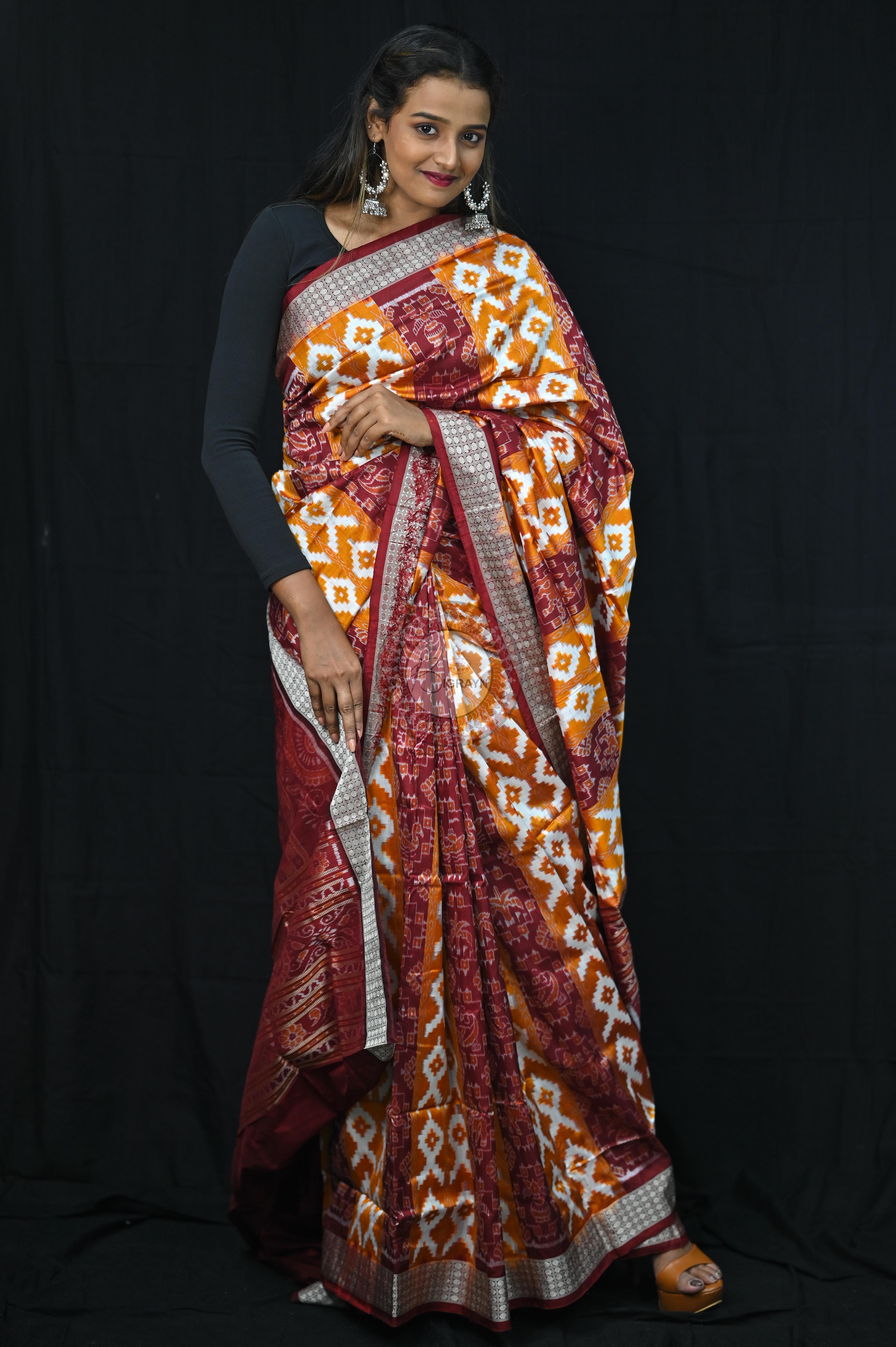 Mustard Yellow Maroon Fish Pattern Pasapali Sambalpuri Silk Saree