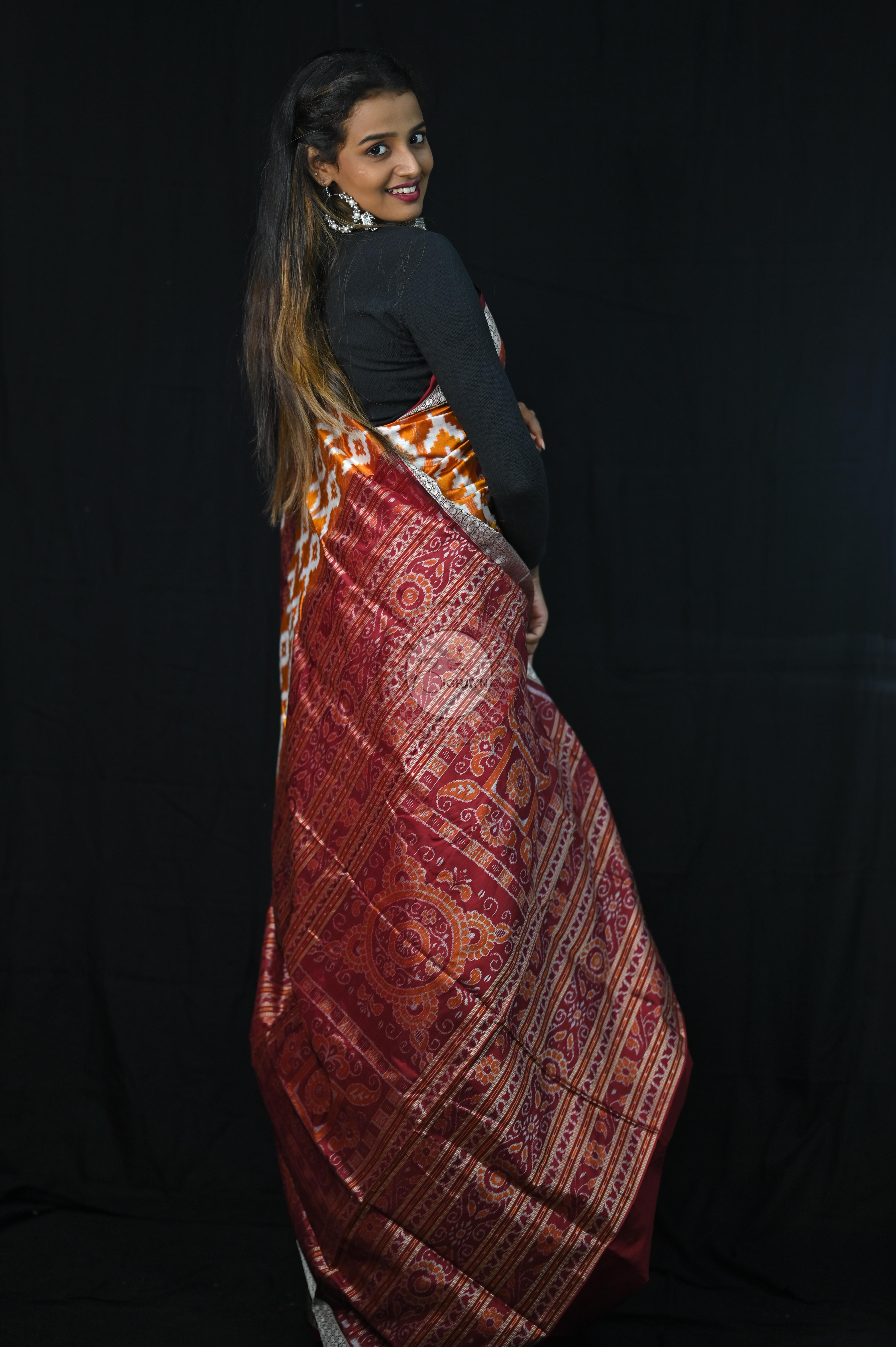 Mustard Yellow Maroon Fish Pattern Pasapali Sambalpuri Silk Saree