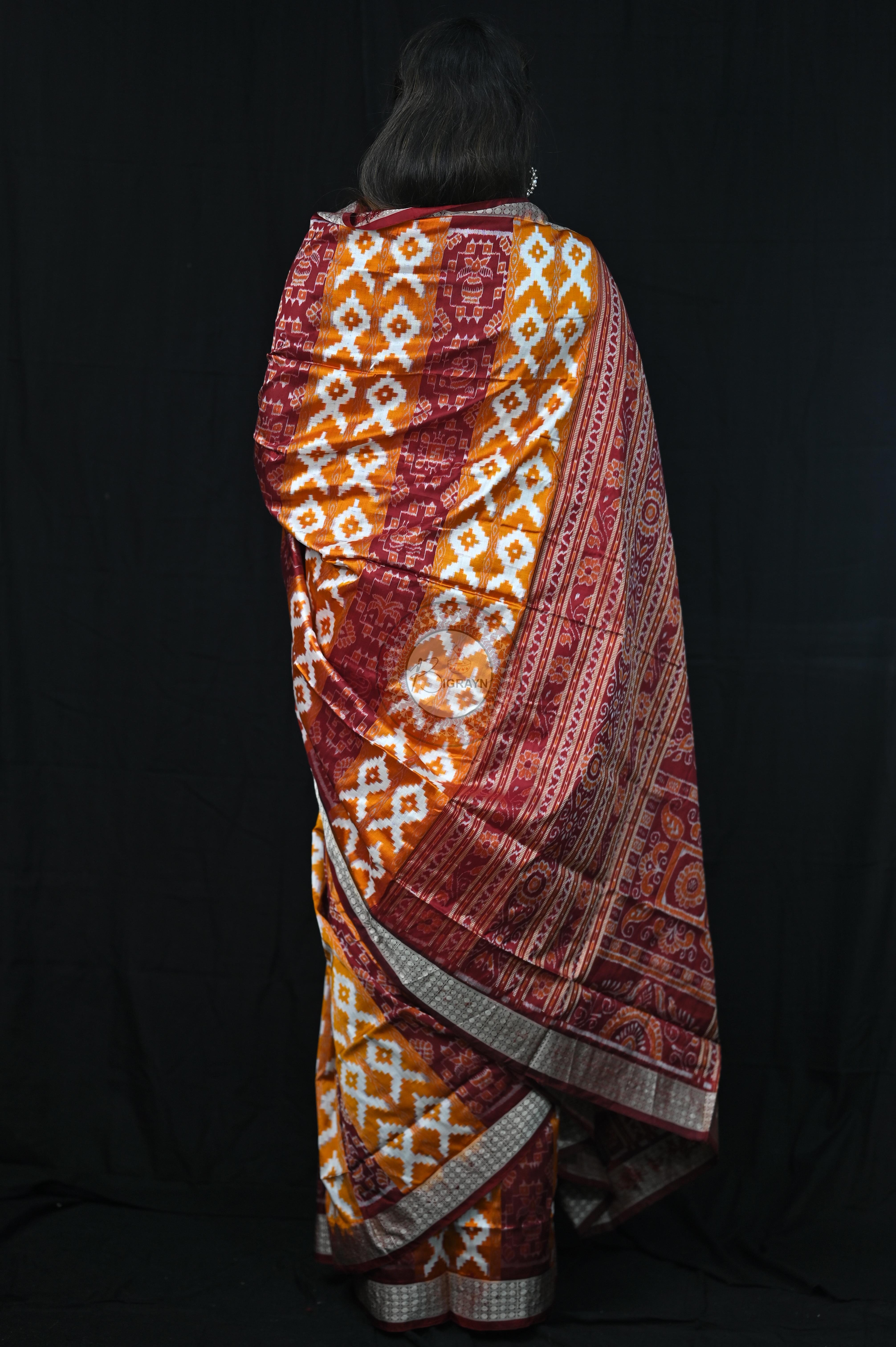 Mustard Yellow Maroon Fish Pattern Pasapali Sambalpuri Silk Saree