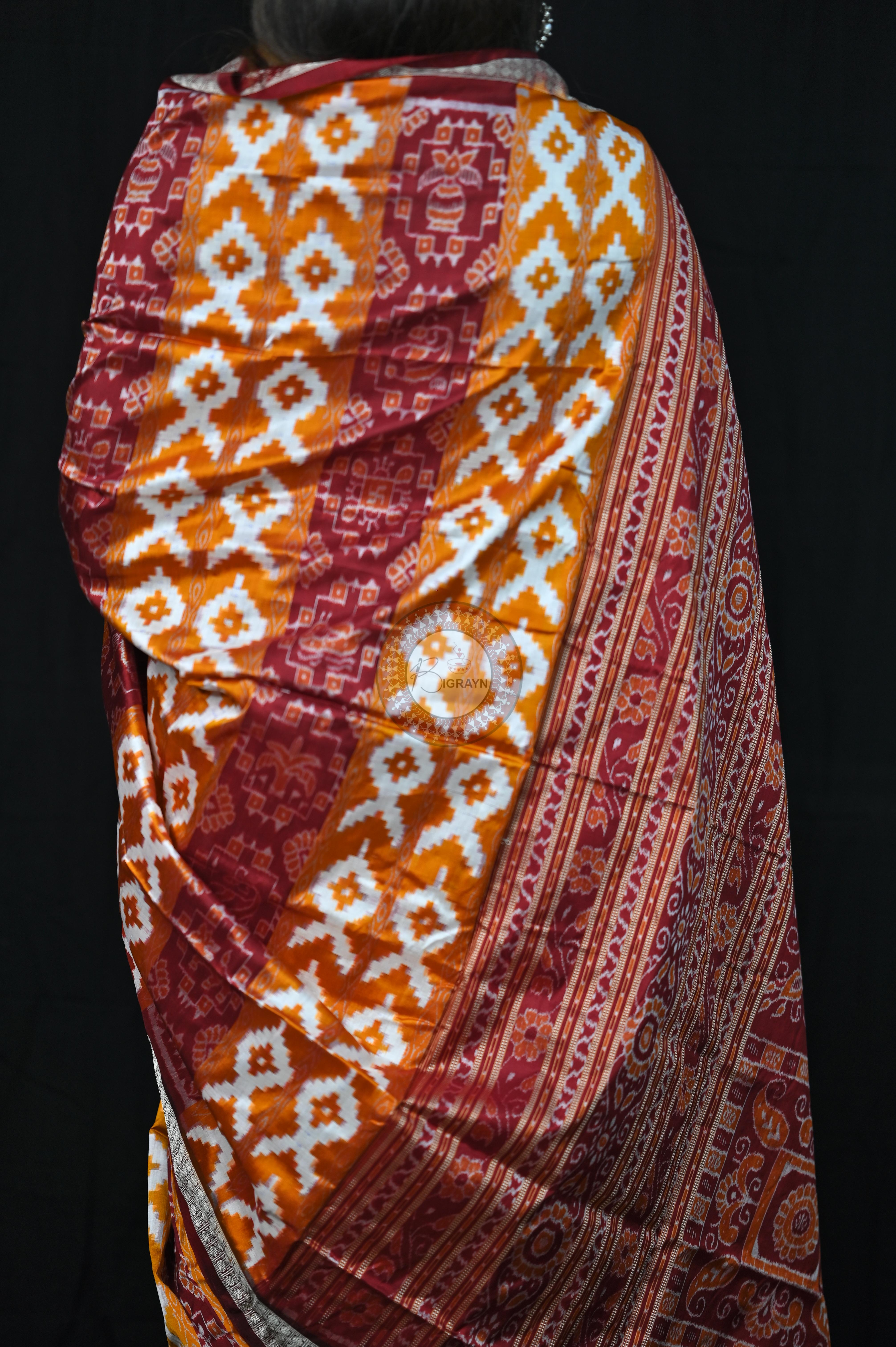 Mustard Yellow Maroon Fish Pattern Pasapali Sambalpuri Silk Saree