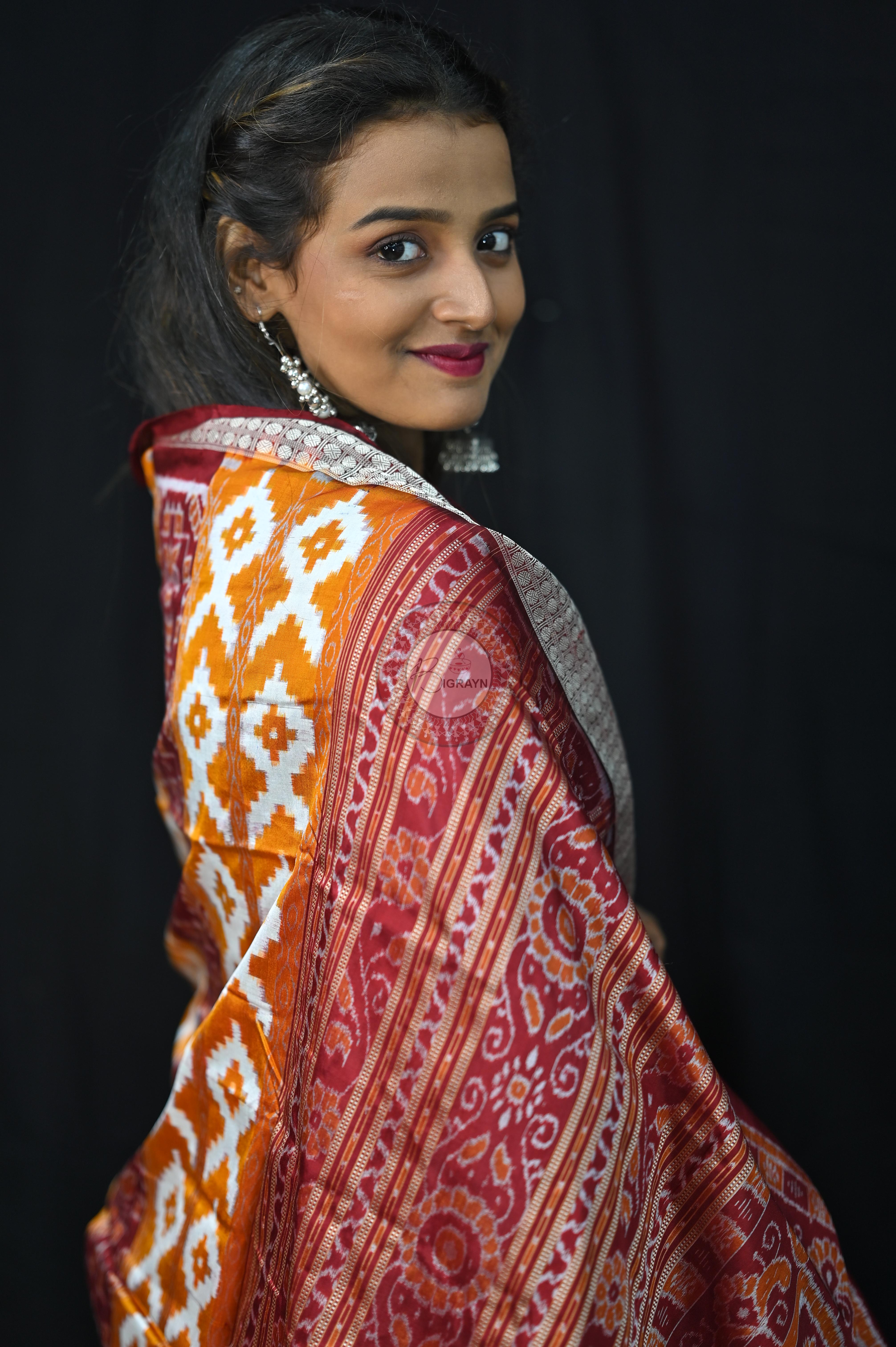 Mustard Yellow Maroon Fish Pattern Pasapali Sambalpuri Silk Saree
