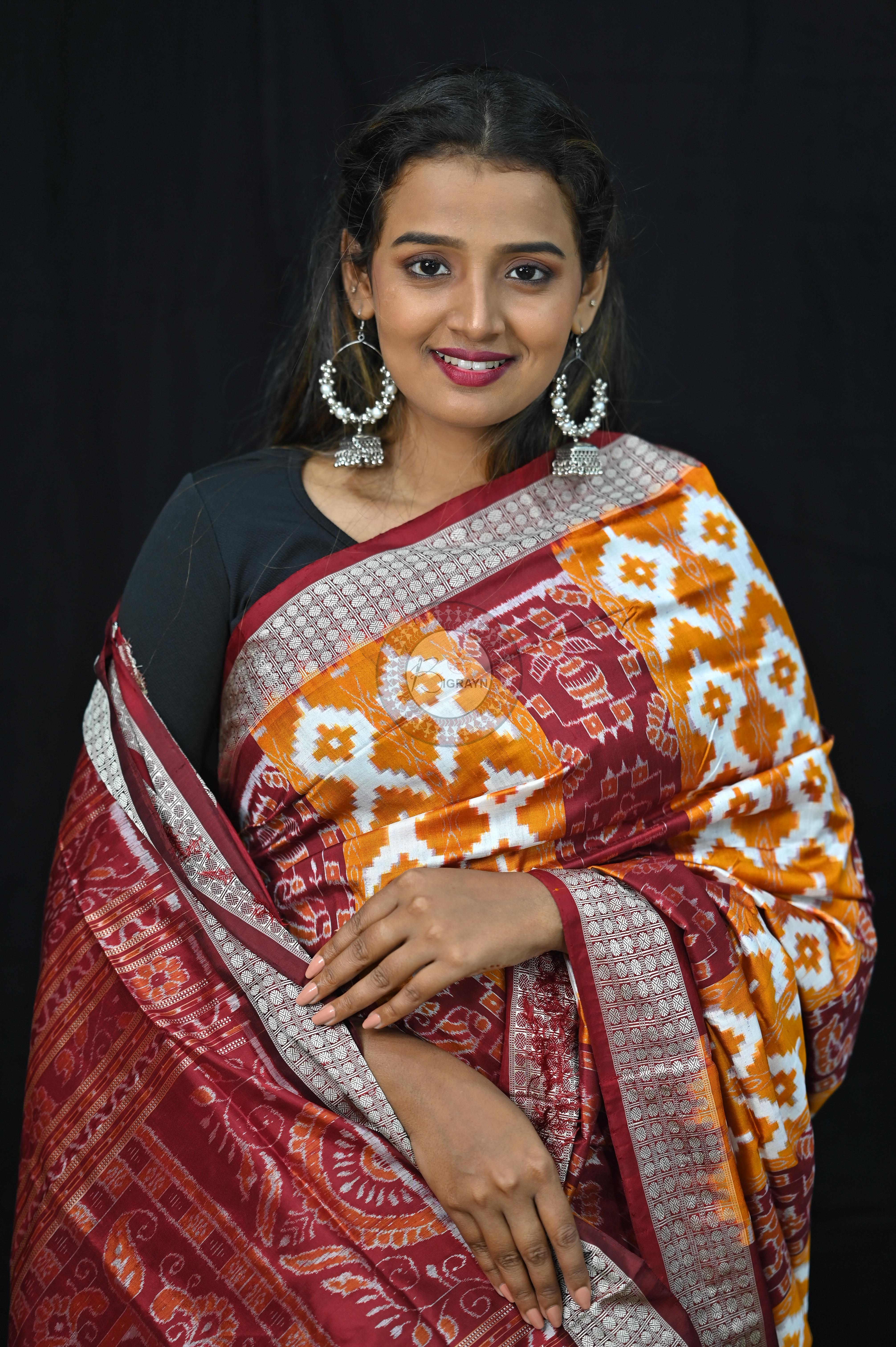 Mustard Yellow Maroon Fish Pattern Pasapali Sambalpuri Silk Saree