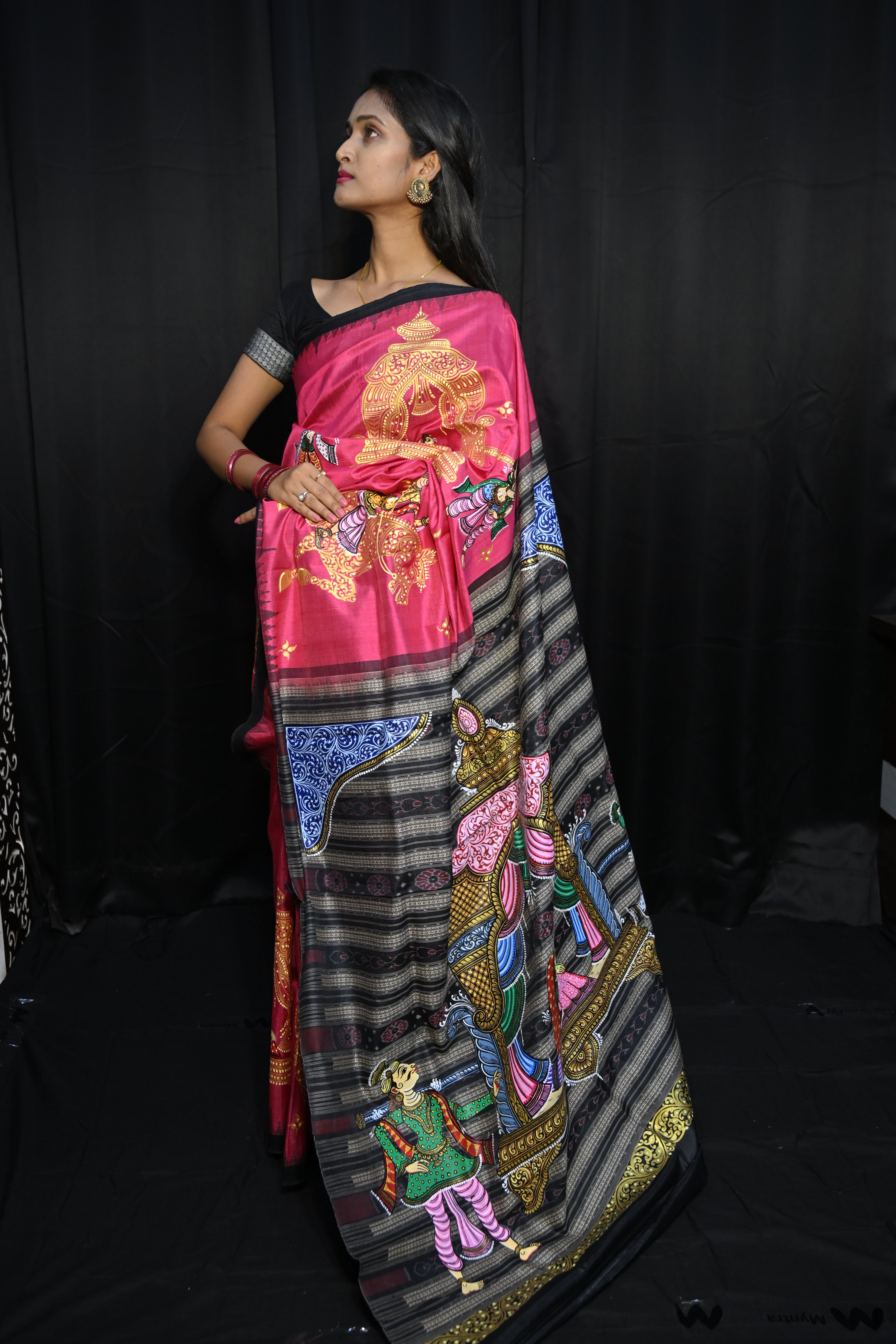 Pink Black Marriage Theme Pattachitra Tussar Silk Saree
