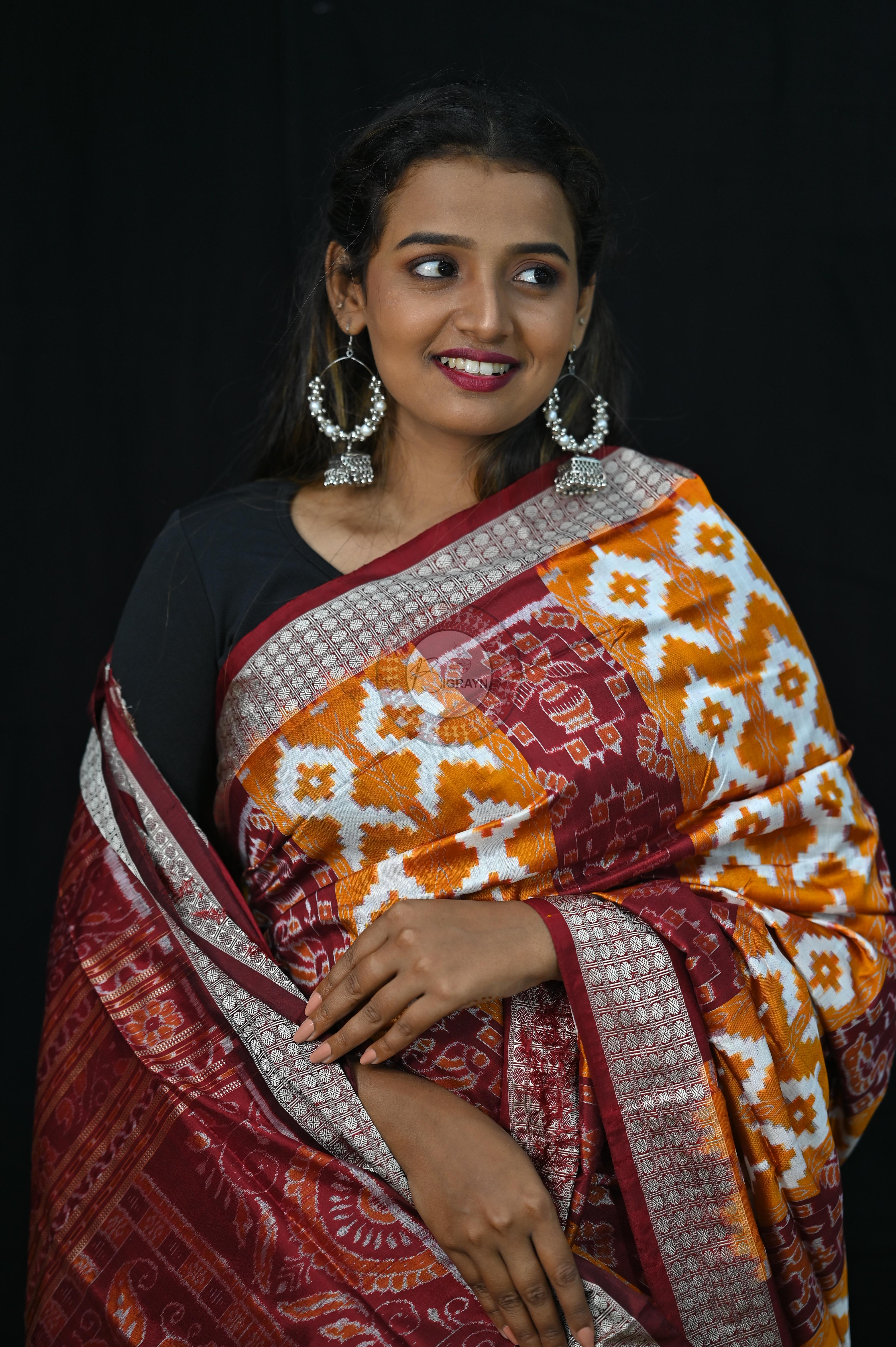 Mustard Yellow Maroon Fish Pattern Pasapali Sambalpuri Silk Saree