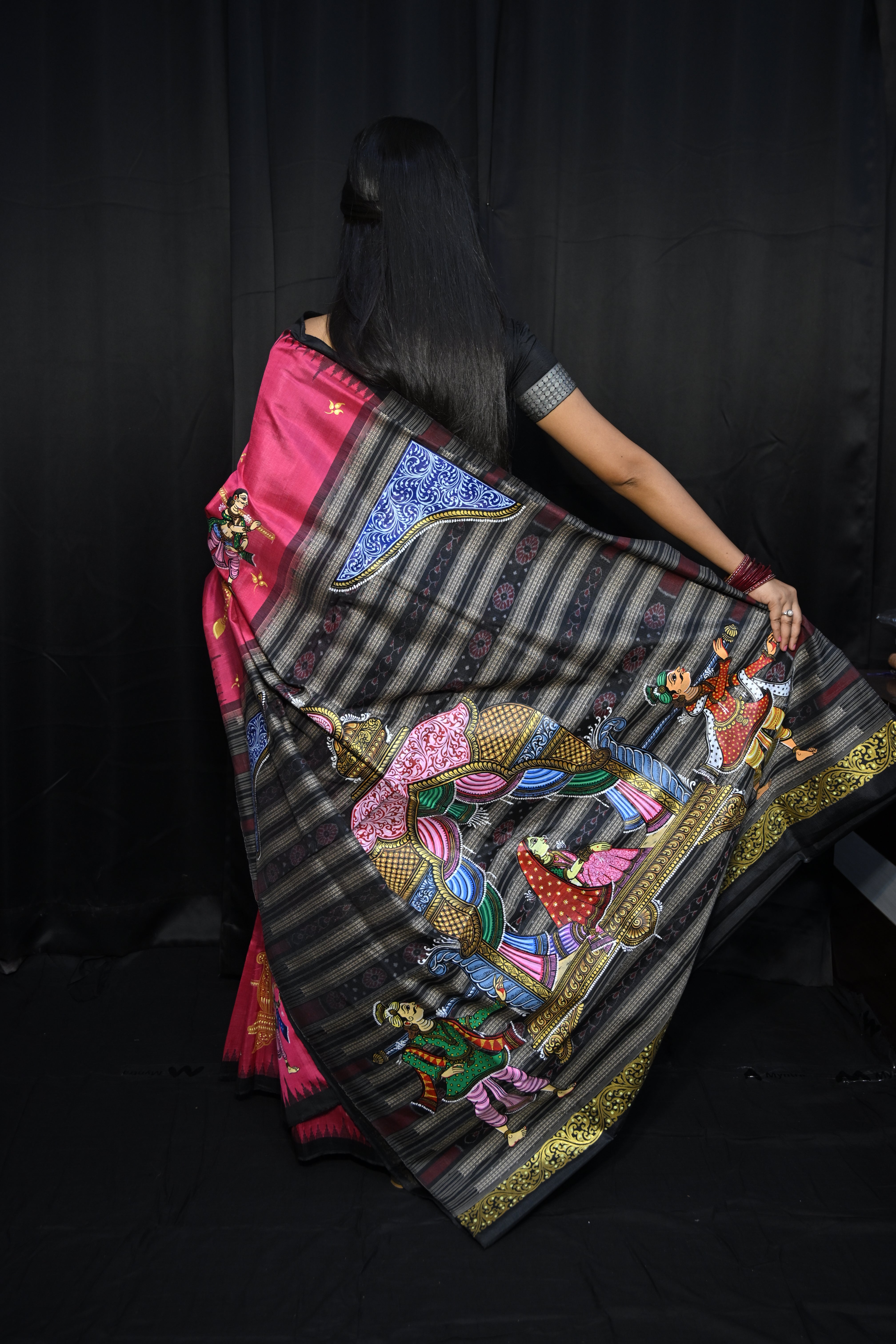 Pink Black Marriage Theme Pattachitra Tussar Silk Saree