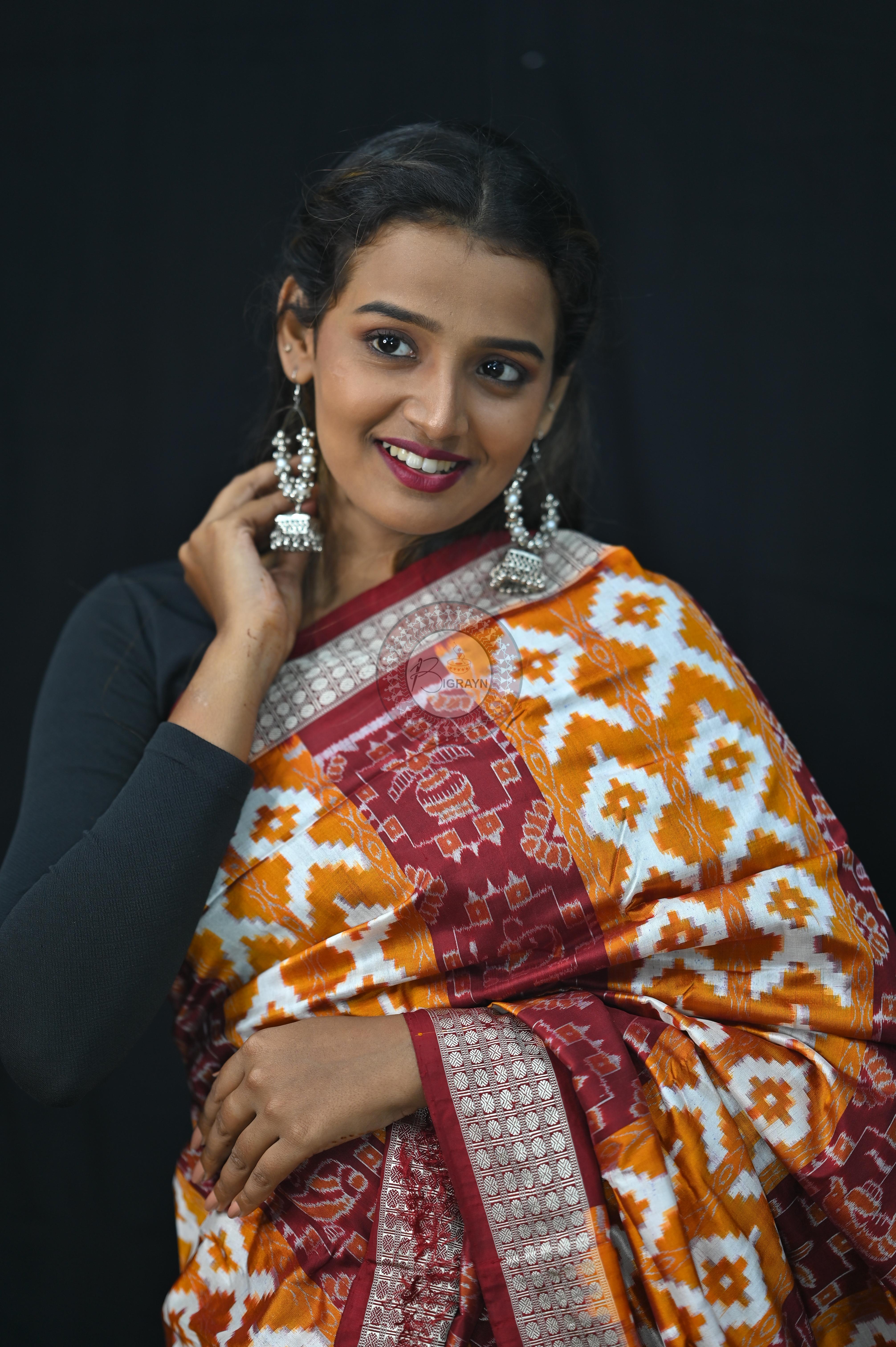 Mustard Yellow Maroon Fish Pattern Pasapali Sambalpuri Silk Saree