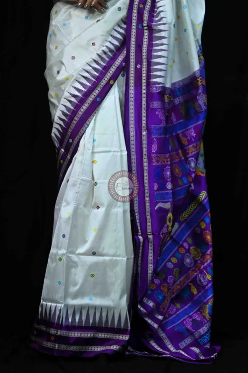 White Purple Neela Chakra Sambalpuri Silk Saree