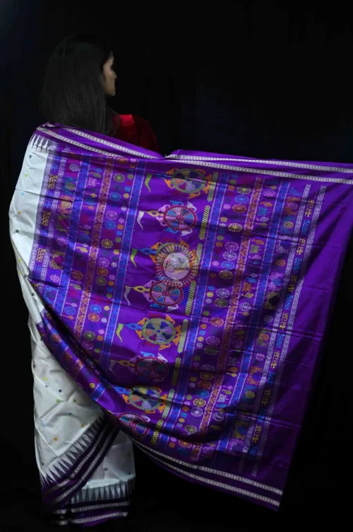 White Purple Neela Chakra Sambalpuri Silk Saree