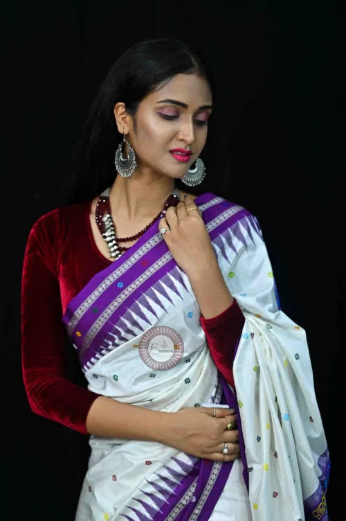 White Purple Neela Chakra Sambalpuri Silk Saree