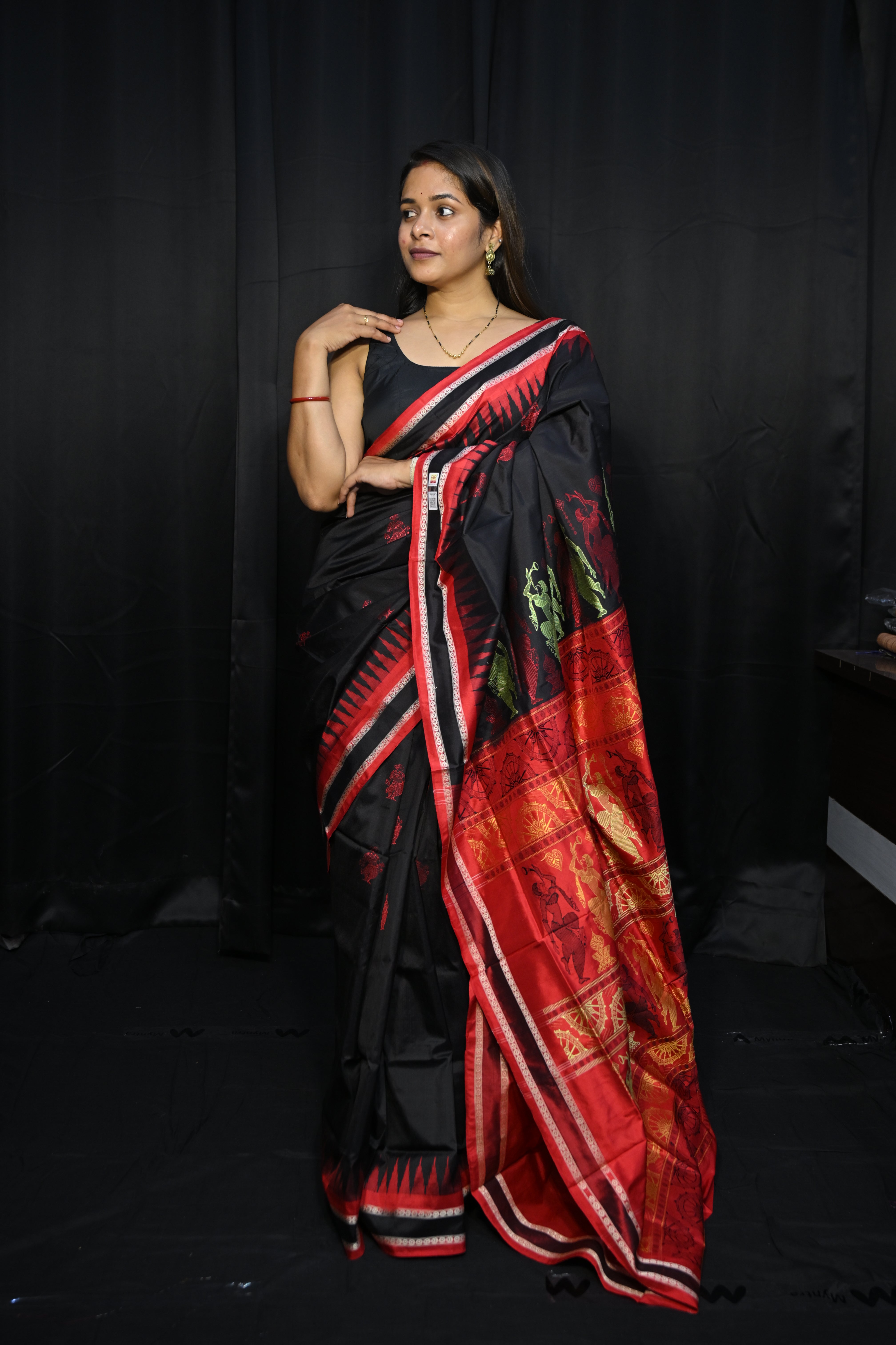 Black Red Natraj Exclusive Bomkai Silk Saree