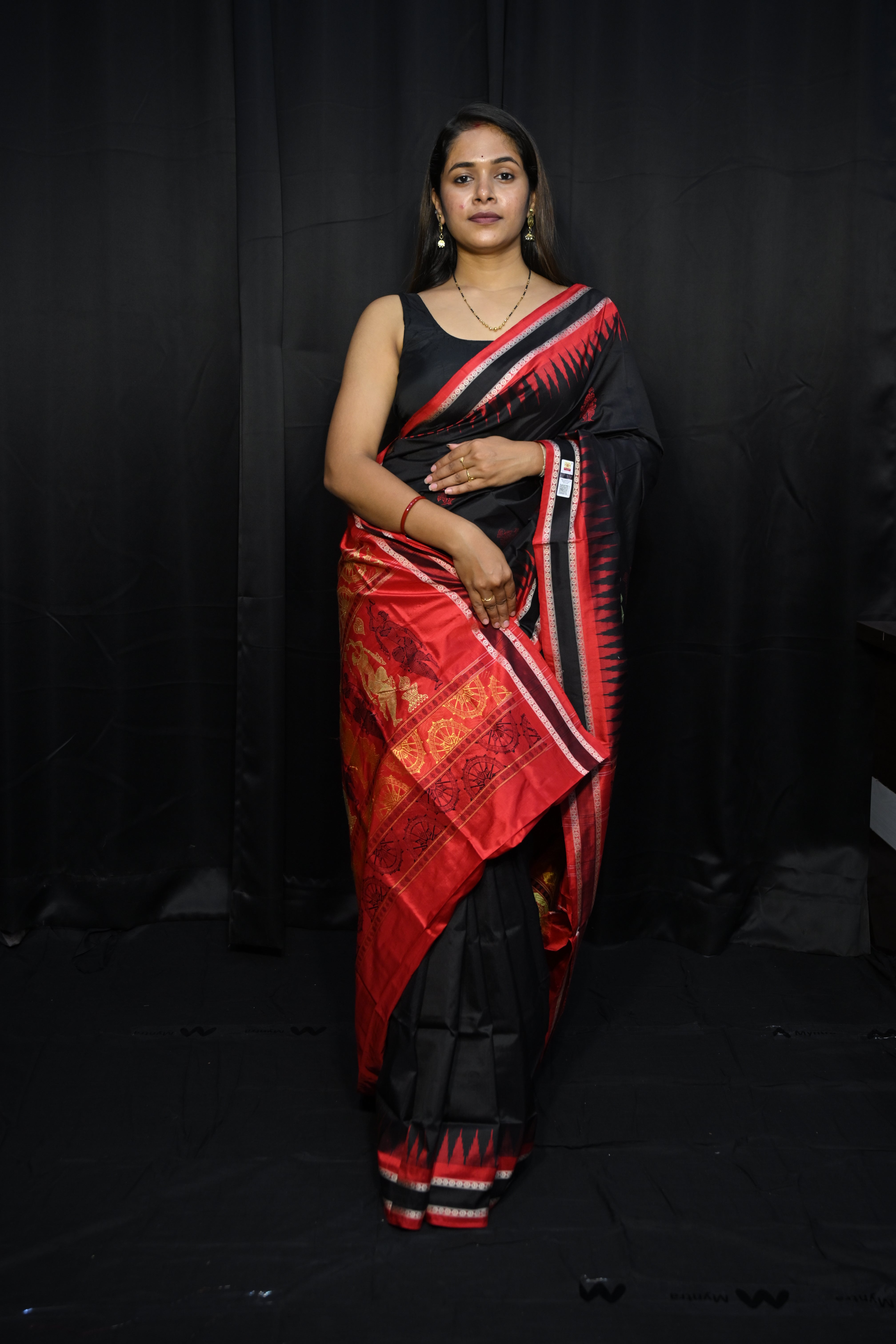 Black Red Natraj Exclusive Bomkai Silk Saree