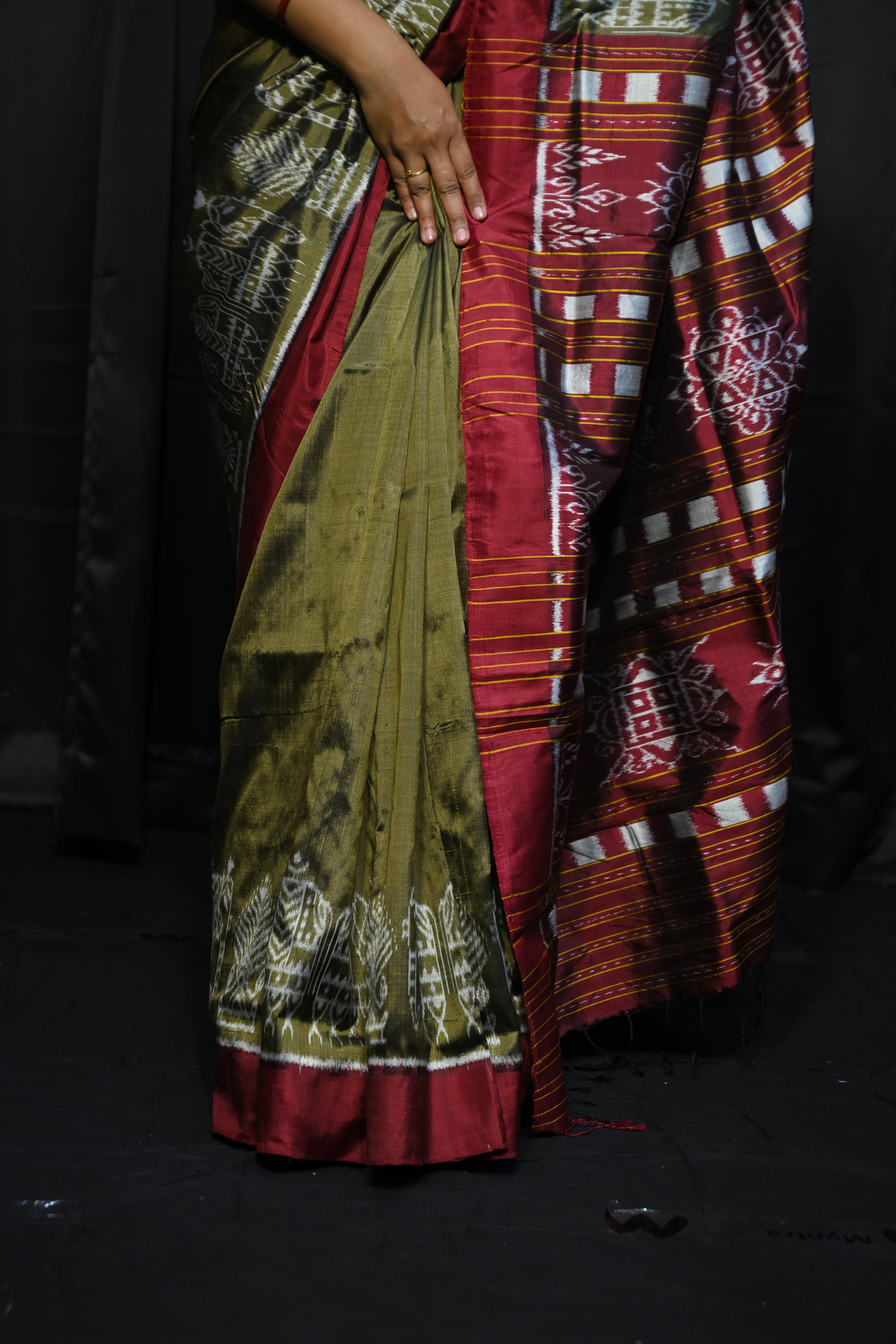 Olive Green Maroon Scot Elephant Design Mulberry Silk Saree